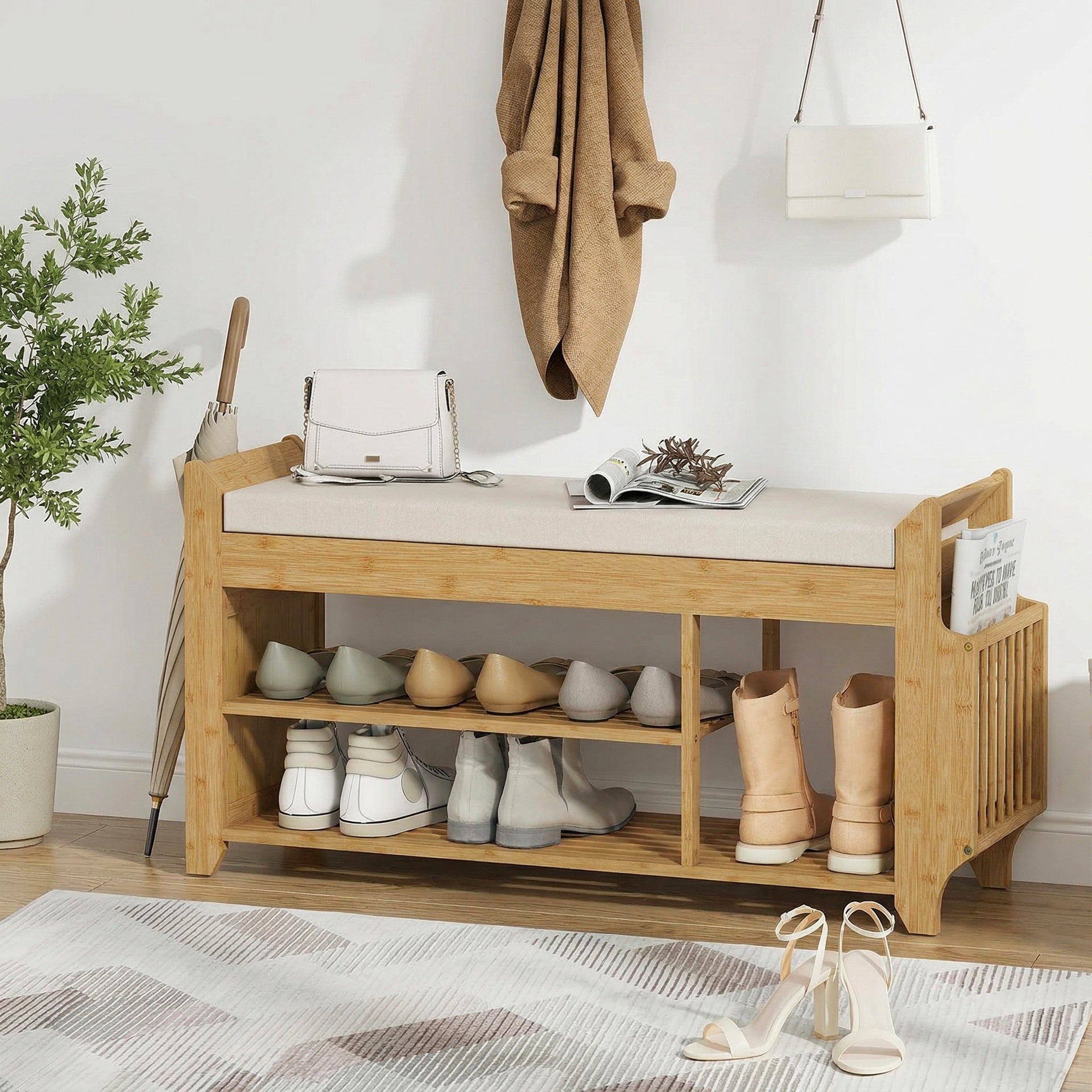 HOMCOM Shoe Bench with Cushioned Seat Shoe Storage Bench with Side Umbrella Holder for Entryway Natural and Cream