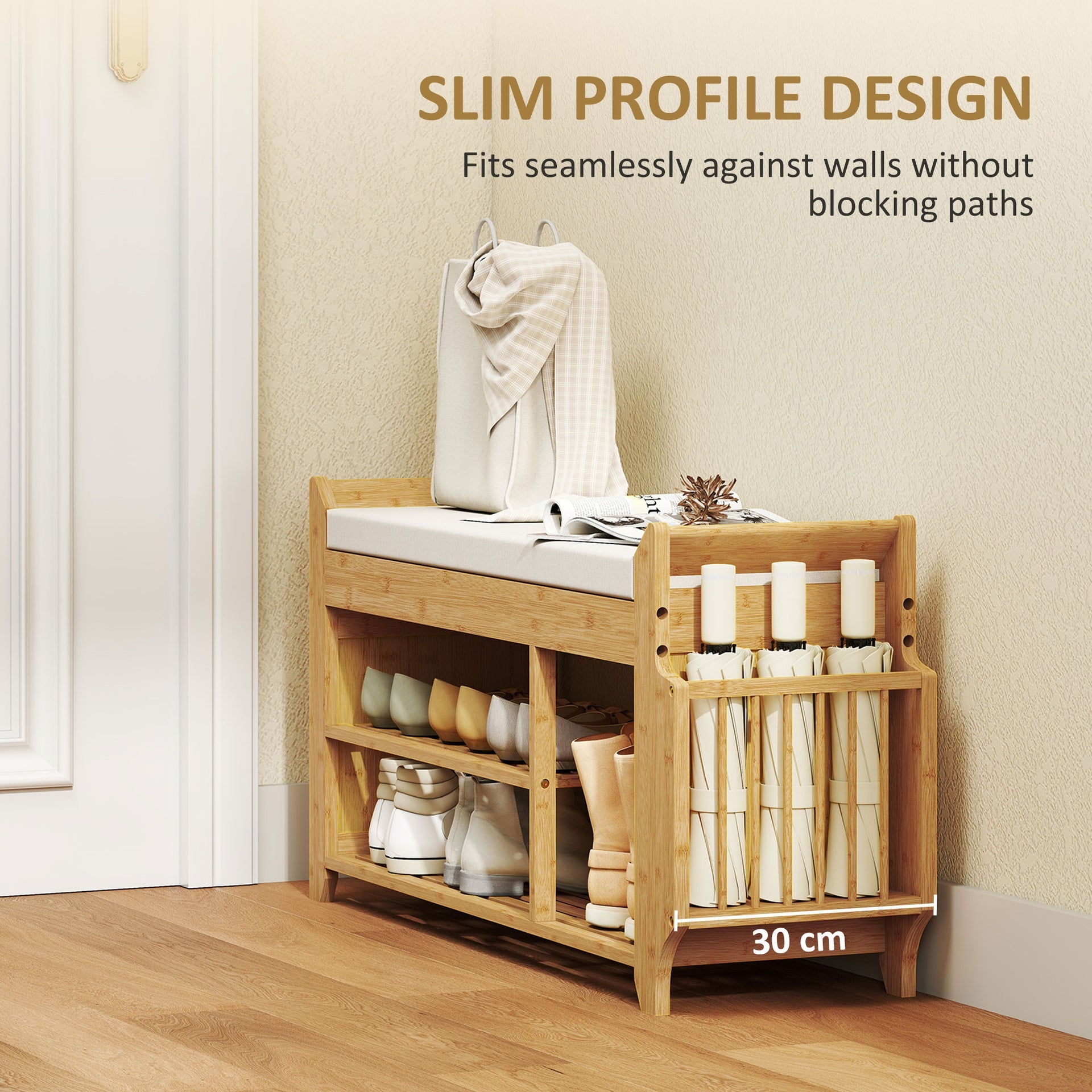 HOMCOM Shoe Bench with Cushioned Seat Shoe Storage Bench with Side Umbrella Holder for Entryway Natural and Cream