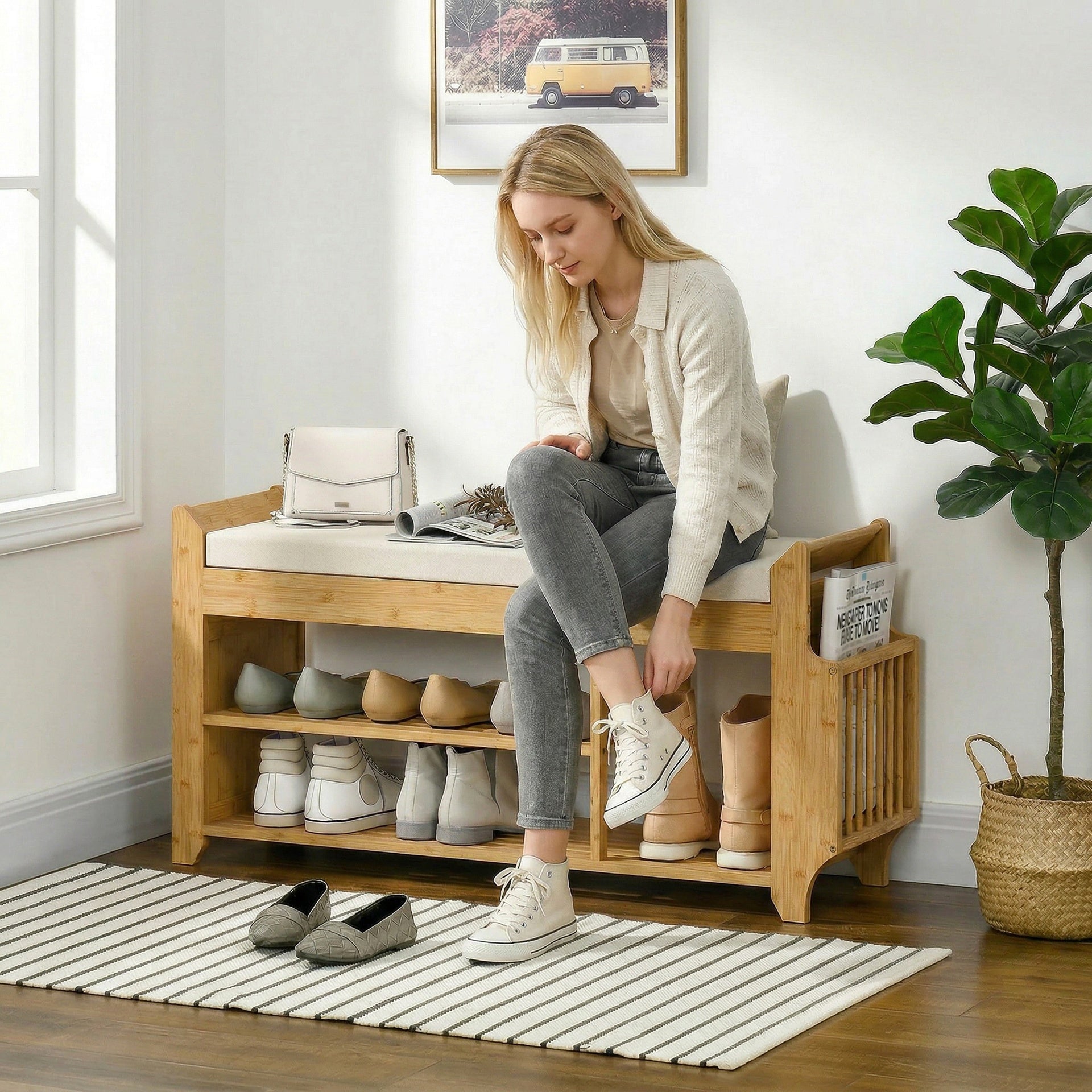 HOMCOM Shoe Bench with Cushioned Seat Shoe Storage Bench with Side Umbrella Holder for Entryway Natural and Cream