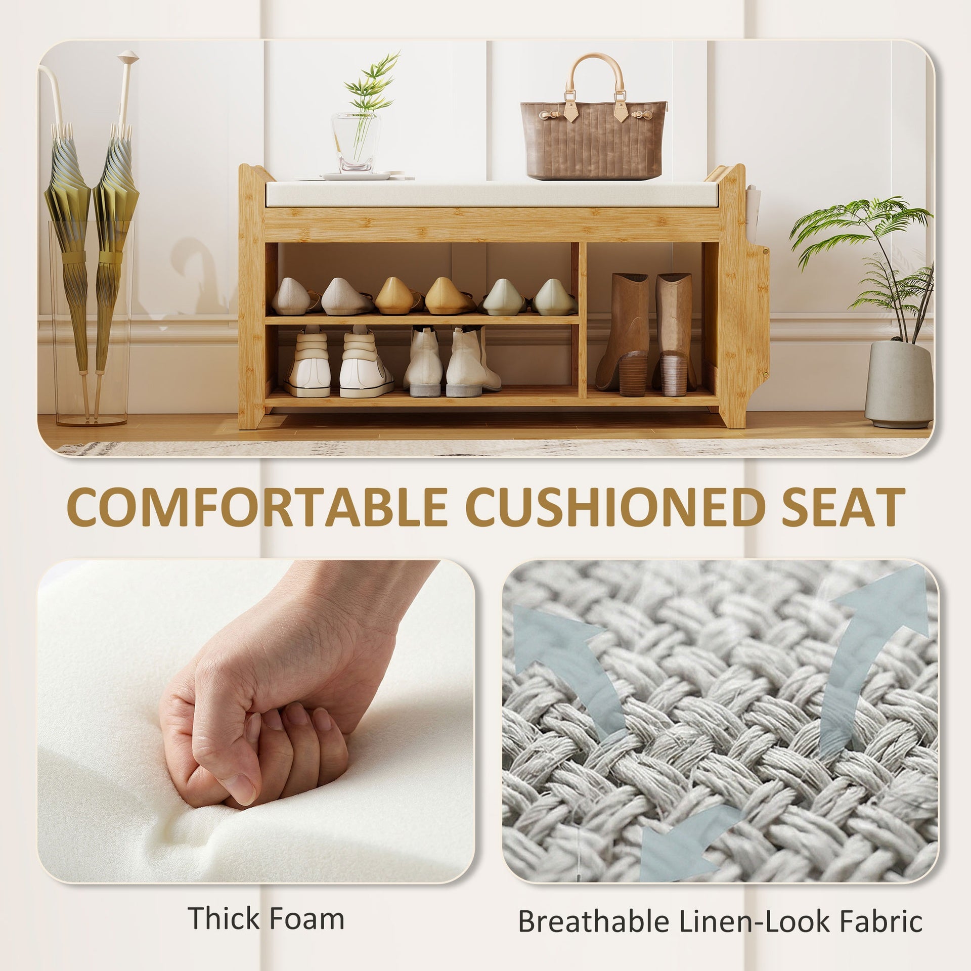 HOMCOM Shoe Bench with Cushioned Seat Shoe Storage Bench with Side Umbrella Holder for Entryway Natural and Cream