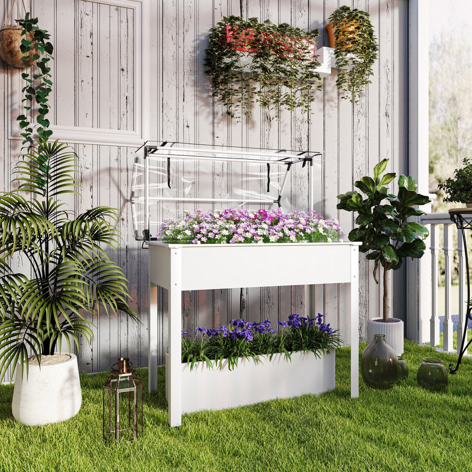Outsunny Elevated Garden Box with Greenhouse Cover, Raised Garden Bed with Legs and Drainage Hole for Vegetables, White