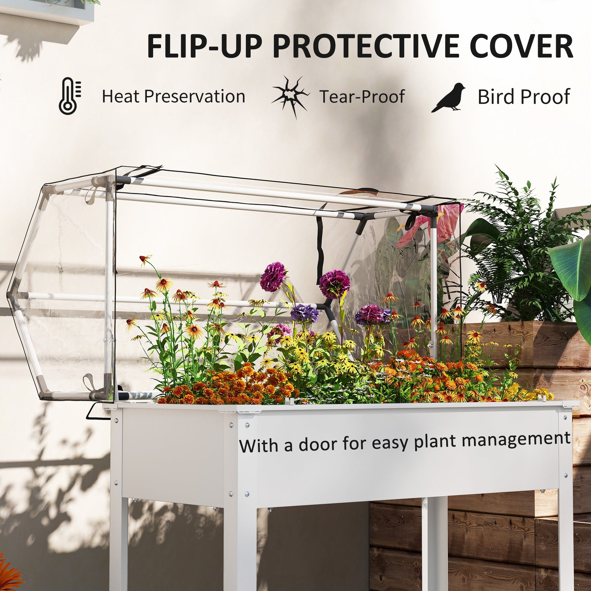 Outsunny Elevated Garden Box with Greenhouse Cover, Raised Garden Bed with Legs and Drainage Hole for Vegetables, White