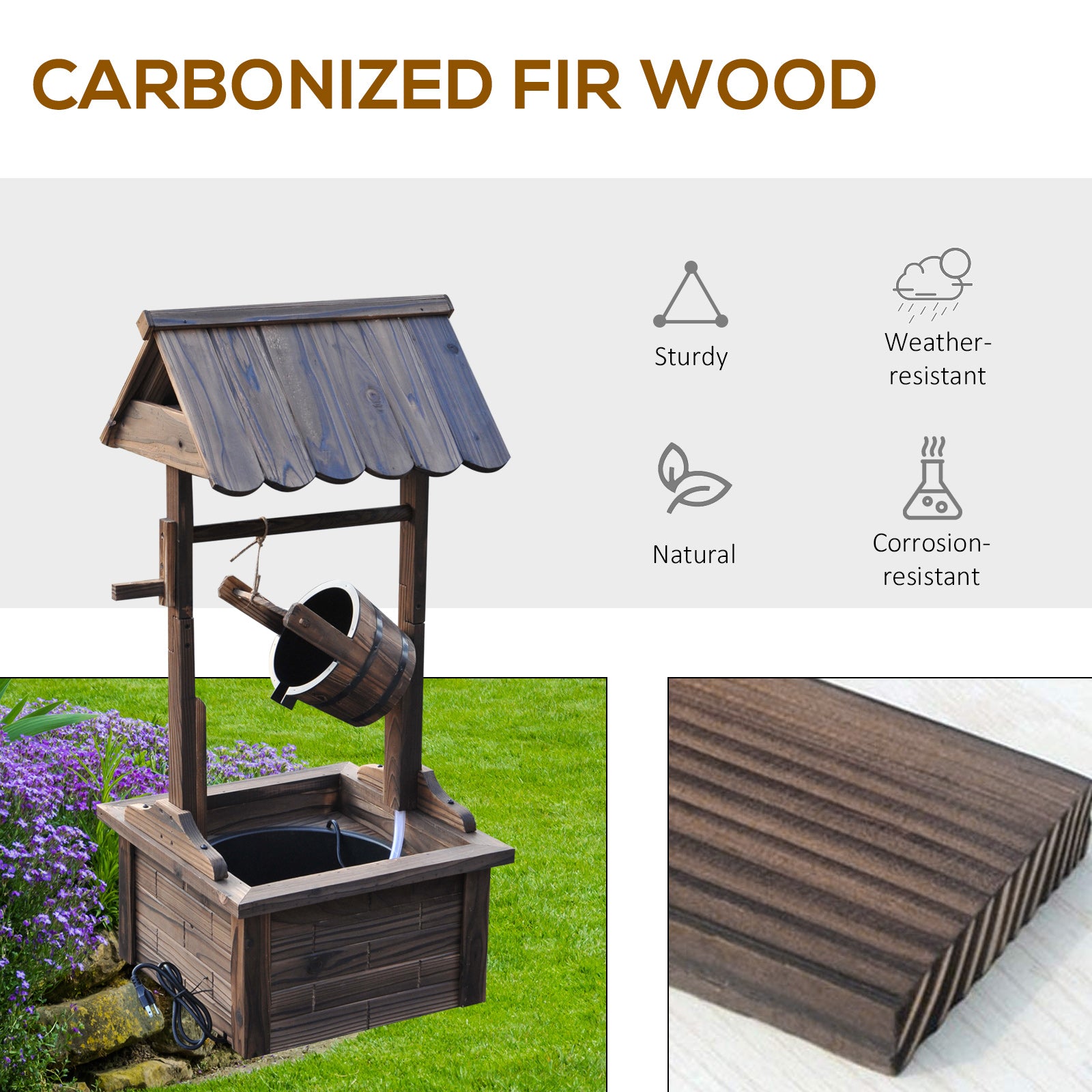 Outsunny Outdoor Wooden Wishing Well Fountain with Adjustable Water Flow Rate, Rustic Waterfall Fountain, Carbonized Finish