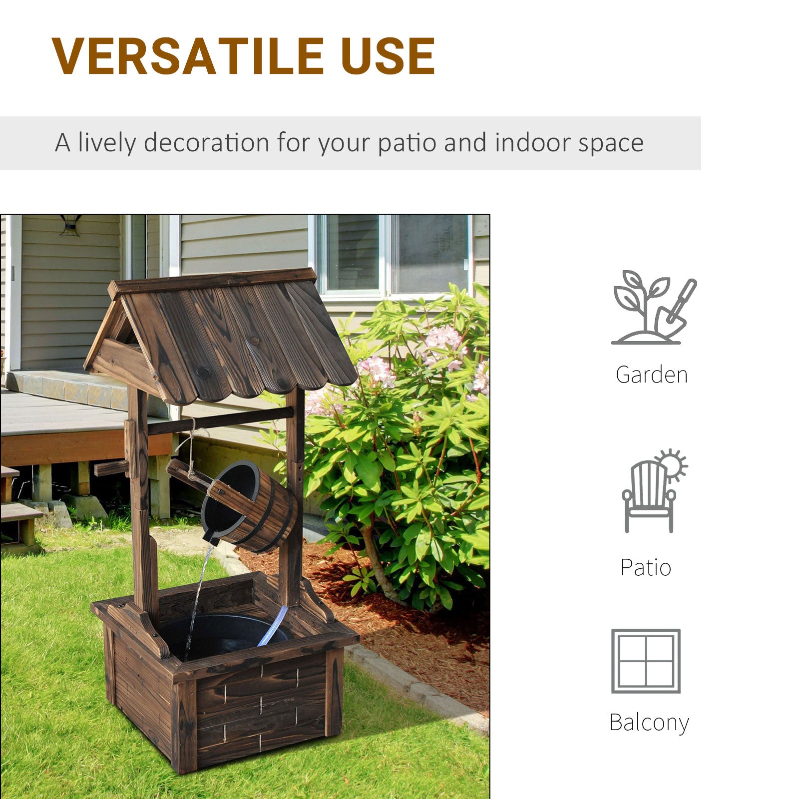 Outsunny Outdoor Wooden Wishing Well Fountain with Adjustable Water Flow Rate, Rustic Waterfall Fountain, Carbonized Finish