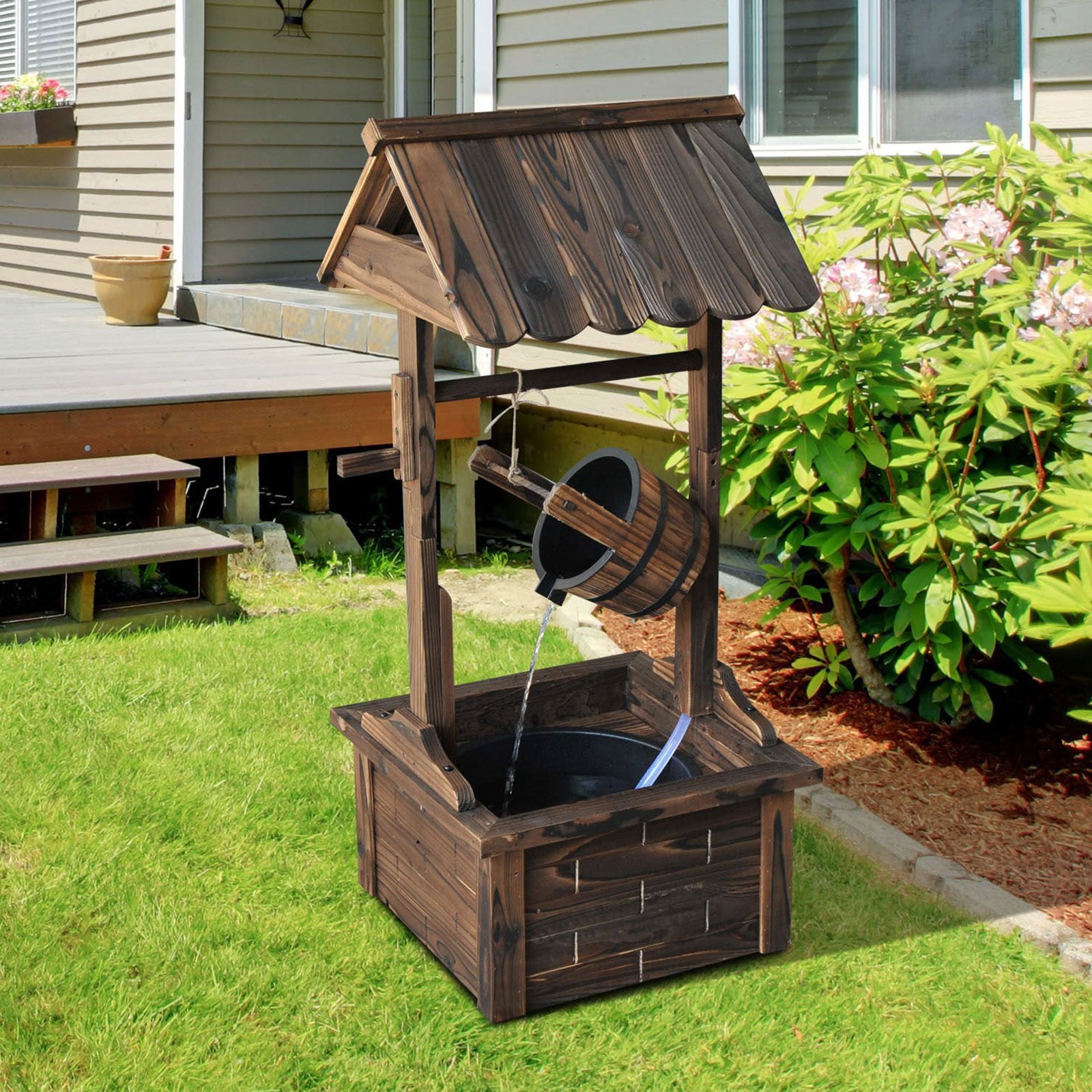 Outsunny Outdoor Wooden Wishing Well Fountain with Adjustable Water Flow Rate, Rustic Waterfall Fountain, Carbonized Finish