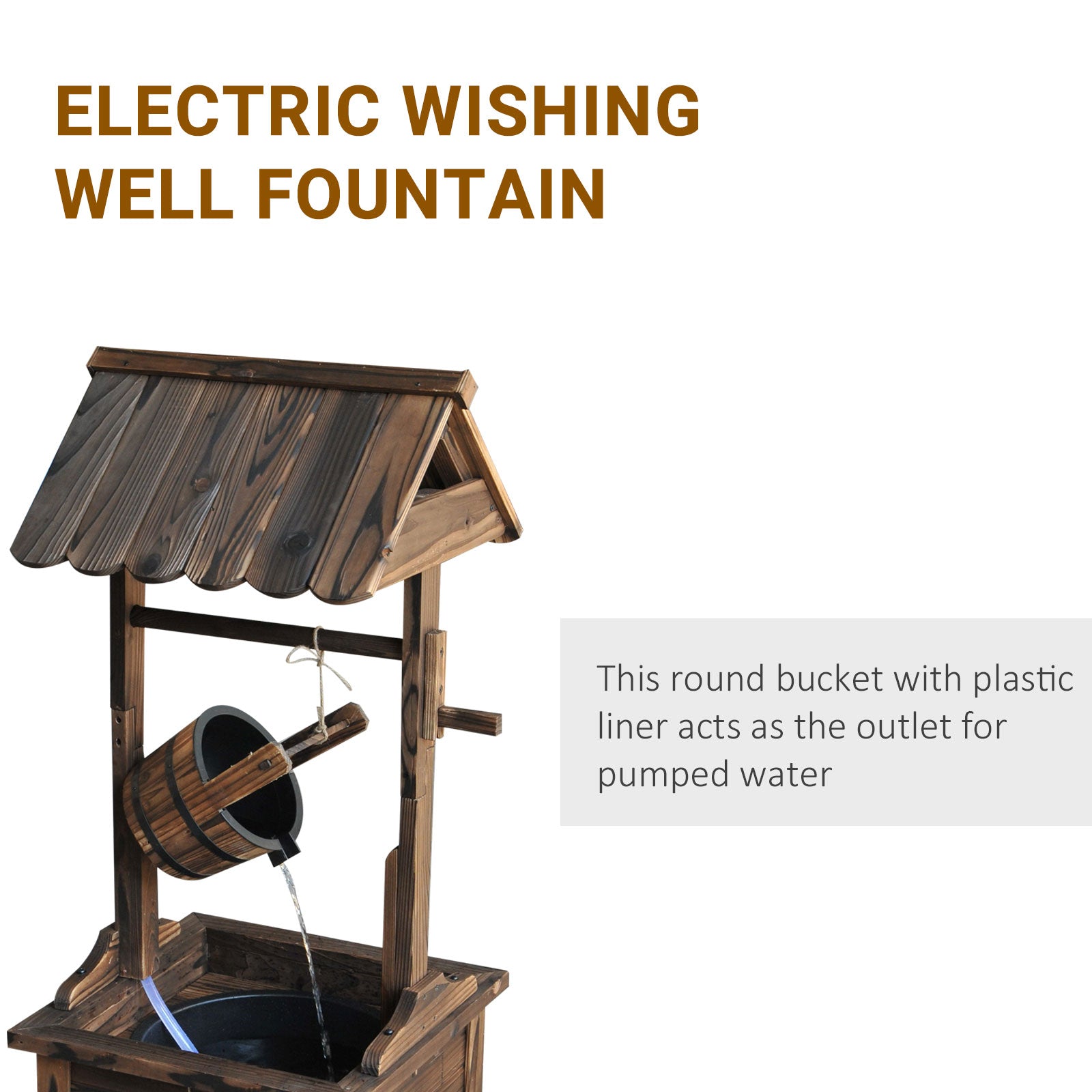 Outsunny Outdoor Wooden Wishing Well Fountain with Adjustable Water Flow Rate, Rustic Waterfall Fountain, Carbonized Finish