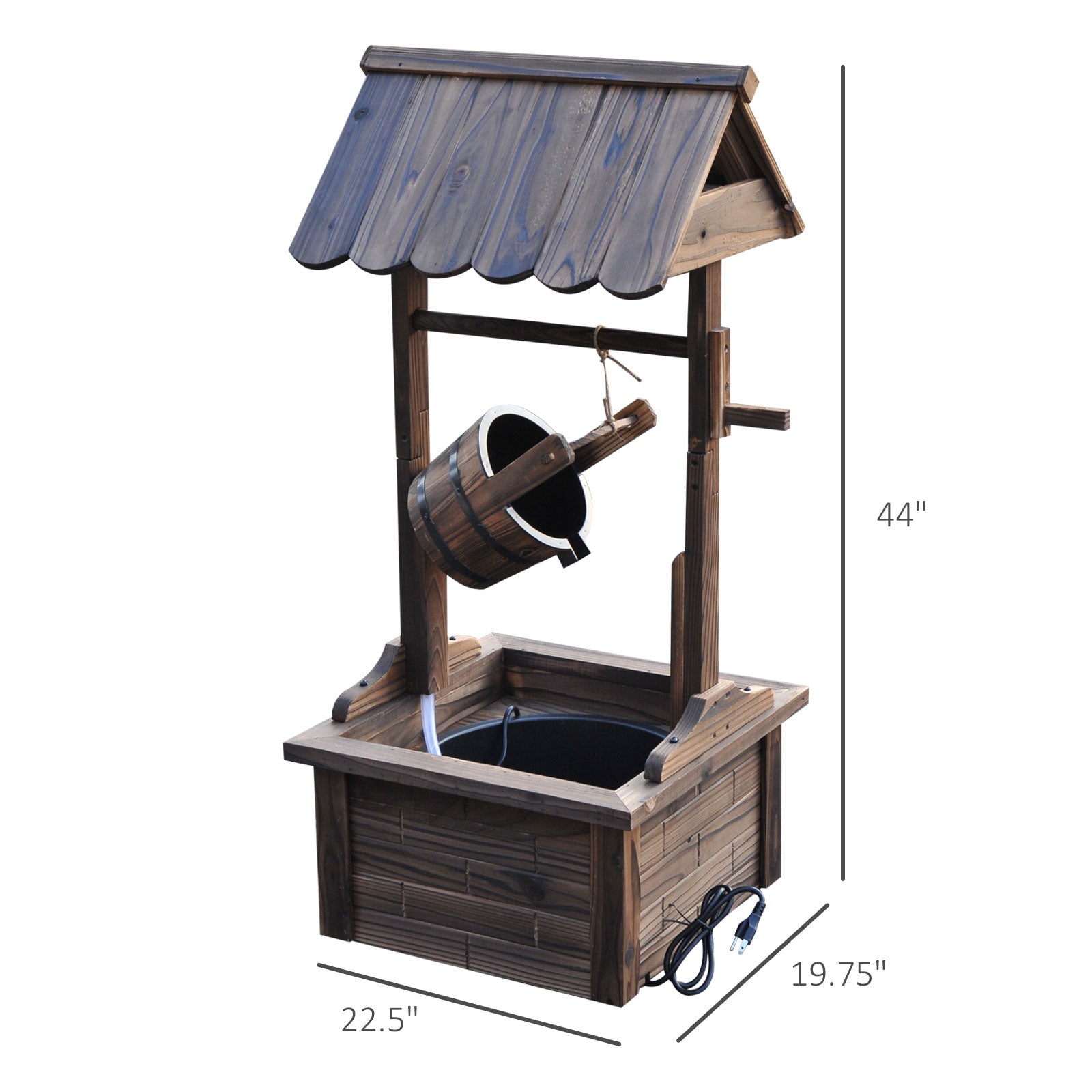 Outsunny Outdoor Wooden Wishing Well Fountain with Adjustable Water Flow Rate, Rustic Waterfall Fountain, Carbonized Finish