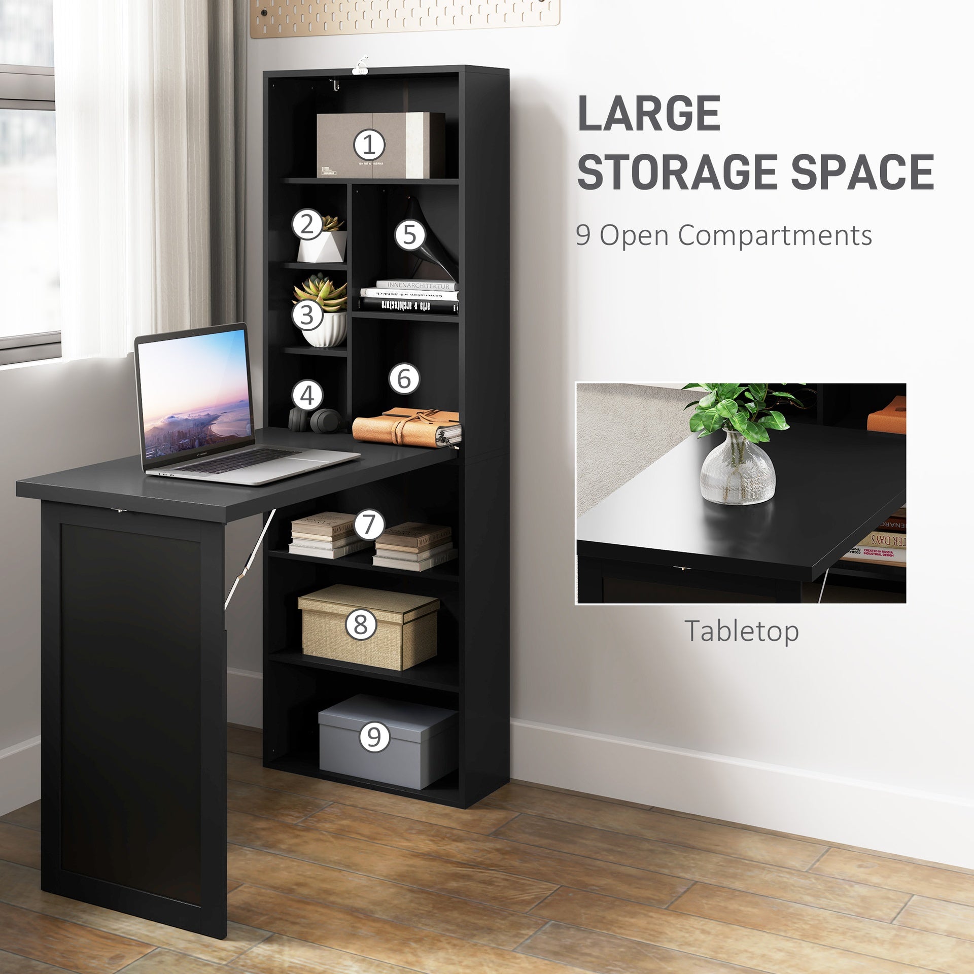 HOMCOM Fold-out Convertible Home Office Desk, Wall Mount Computer Desk with Blackboard and Side Shelf, Black