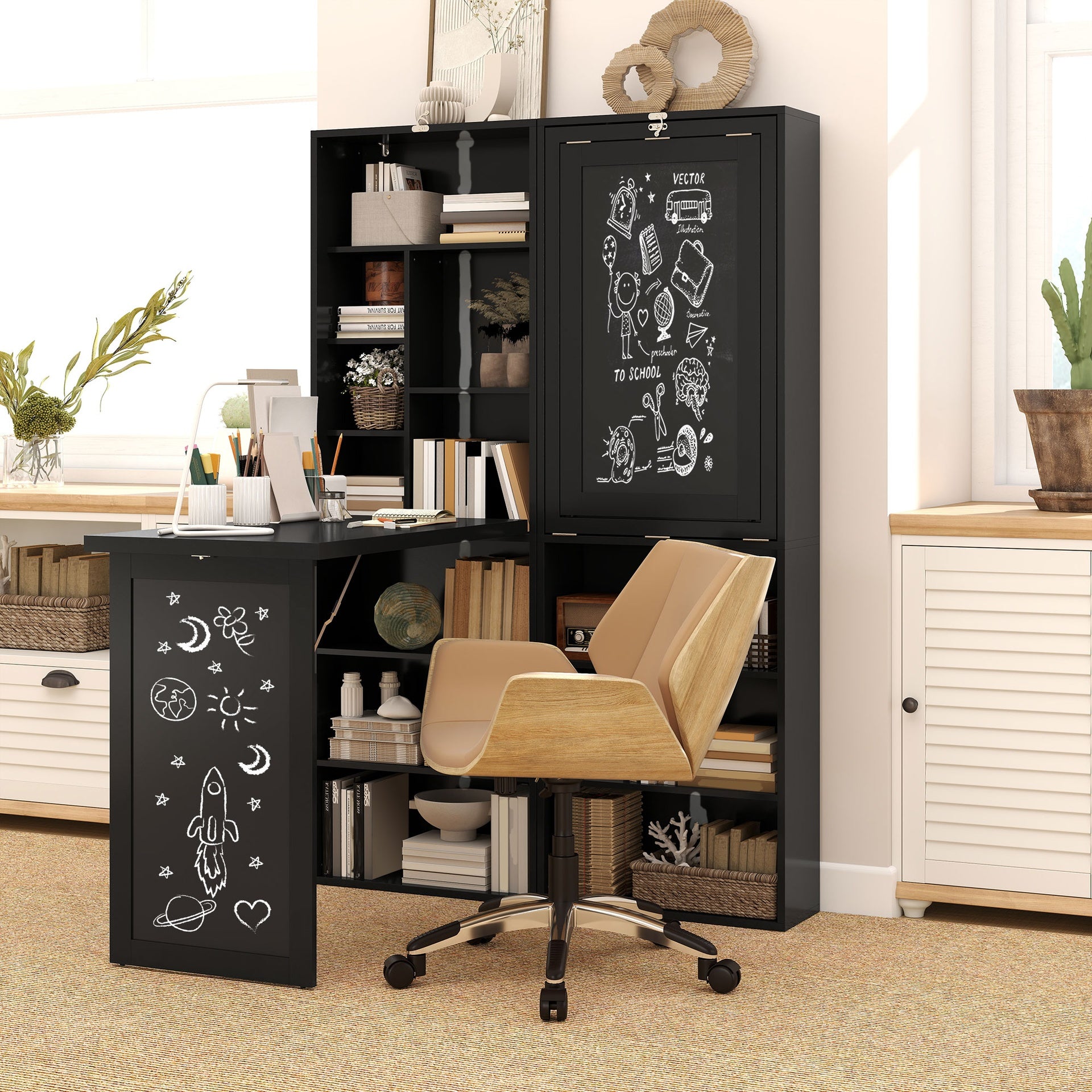 HOMCOM Fold-out Convertible Home Office Desk, Wall Mount Computer Desk with Blackboard and Side Shelf, Black