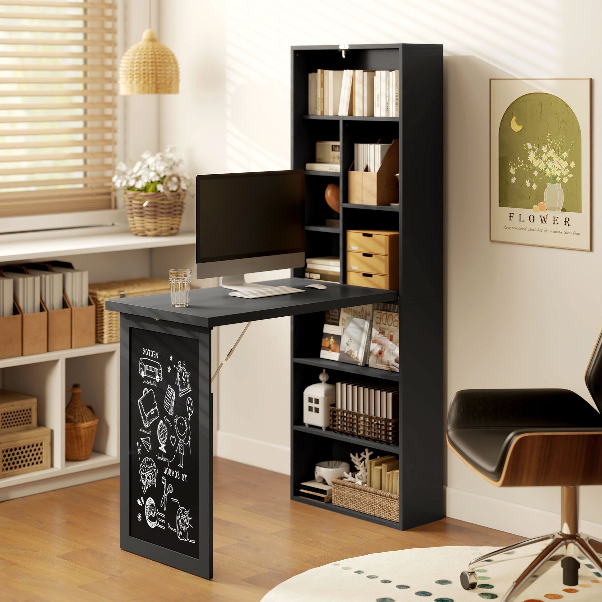 HOMCOM Fold-out Convertible Home Office Desk, Wall Mount Computer Desk with Blackboard and Side Shelf, Black