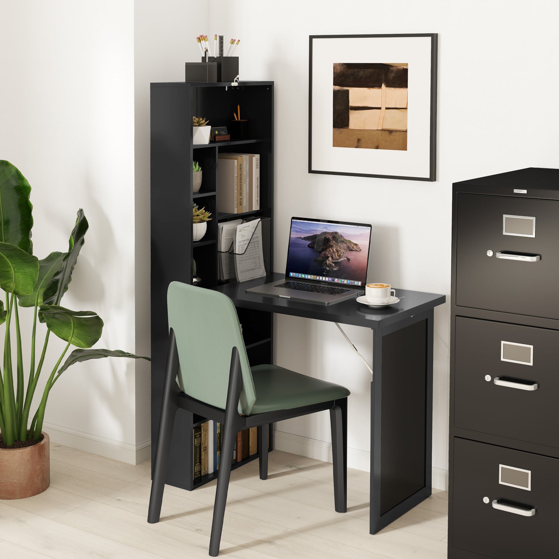 HOMCOM Fold-out Convertible Home Office Desk, Wall Mount Computer Desk with Blackboard and Side Shelf, Black