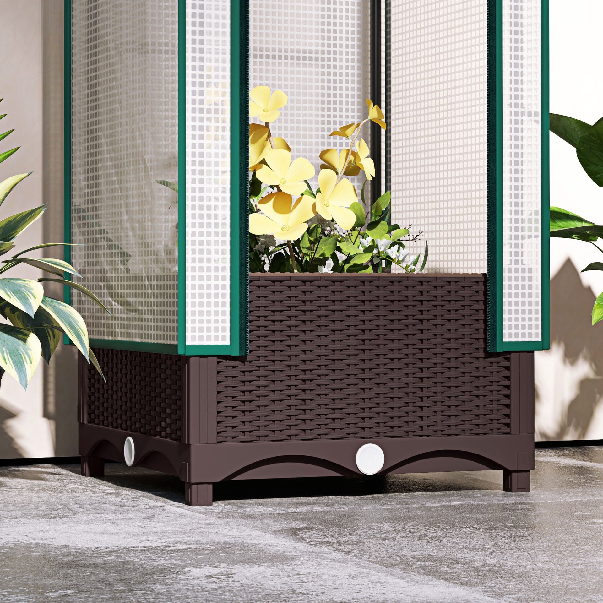 Outsunny Garden Bed with Trellis, Outdoor Plant Box with PE Cover, Drainage Holes and Zipper Door, 15.7" x 15.7" x 48.8", Brown