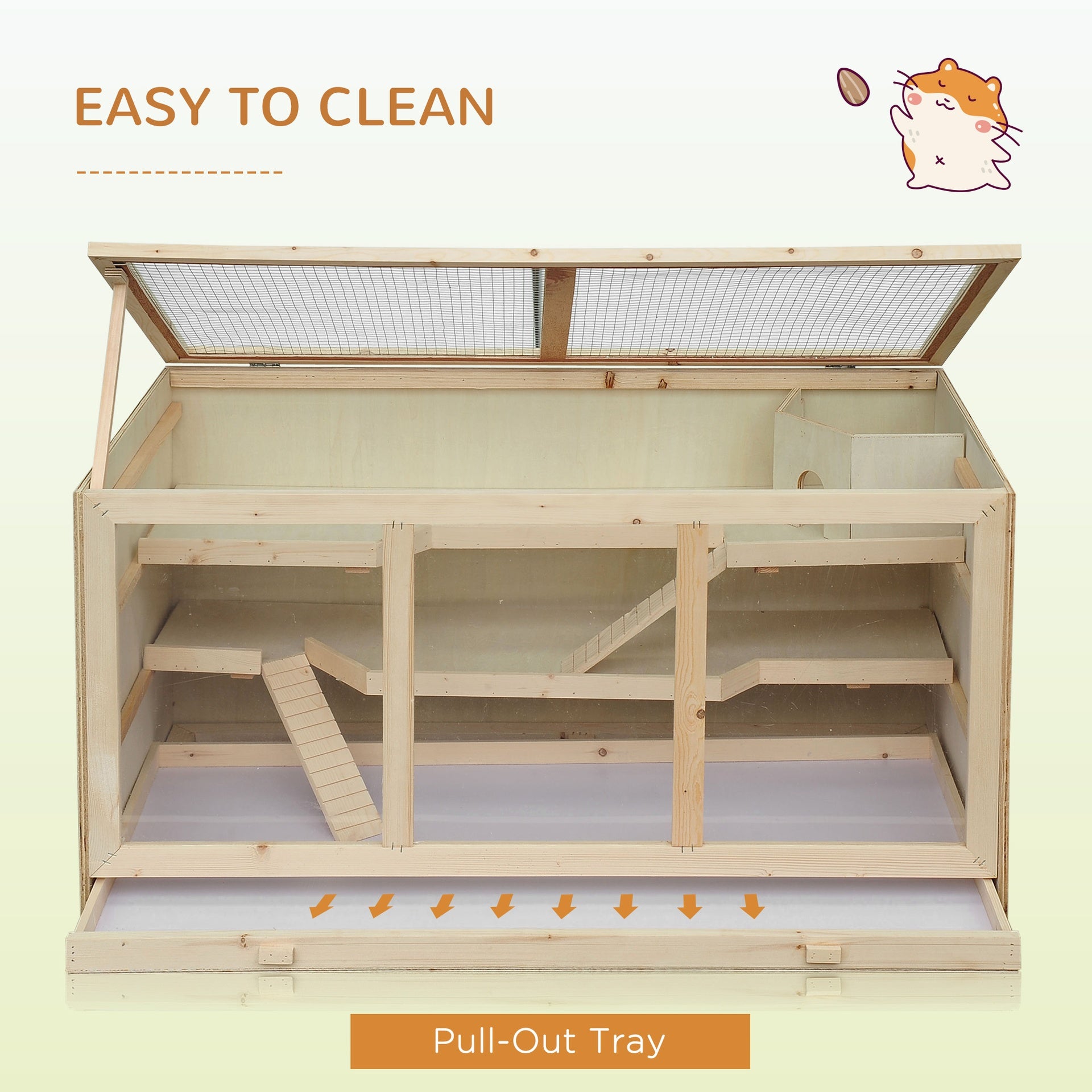 PawHut 45" Extra Large Wooden Hamster Cage, 3-Layer Rat Cage with Opening Roof, PVC Window, Small Animal Habitat for Gerbil, Dwarf & Syrian Hamsters, Natural