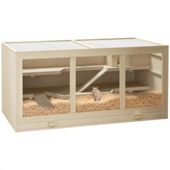 PawHut 45" Extra Large Wooden Hamster Cage, 3-Layer Rat Cage with Opening Roof, PVC Window, Small Animal Habitat for Gerbil, Dwarf & Syrian Hamsters, Natural
