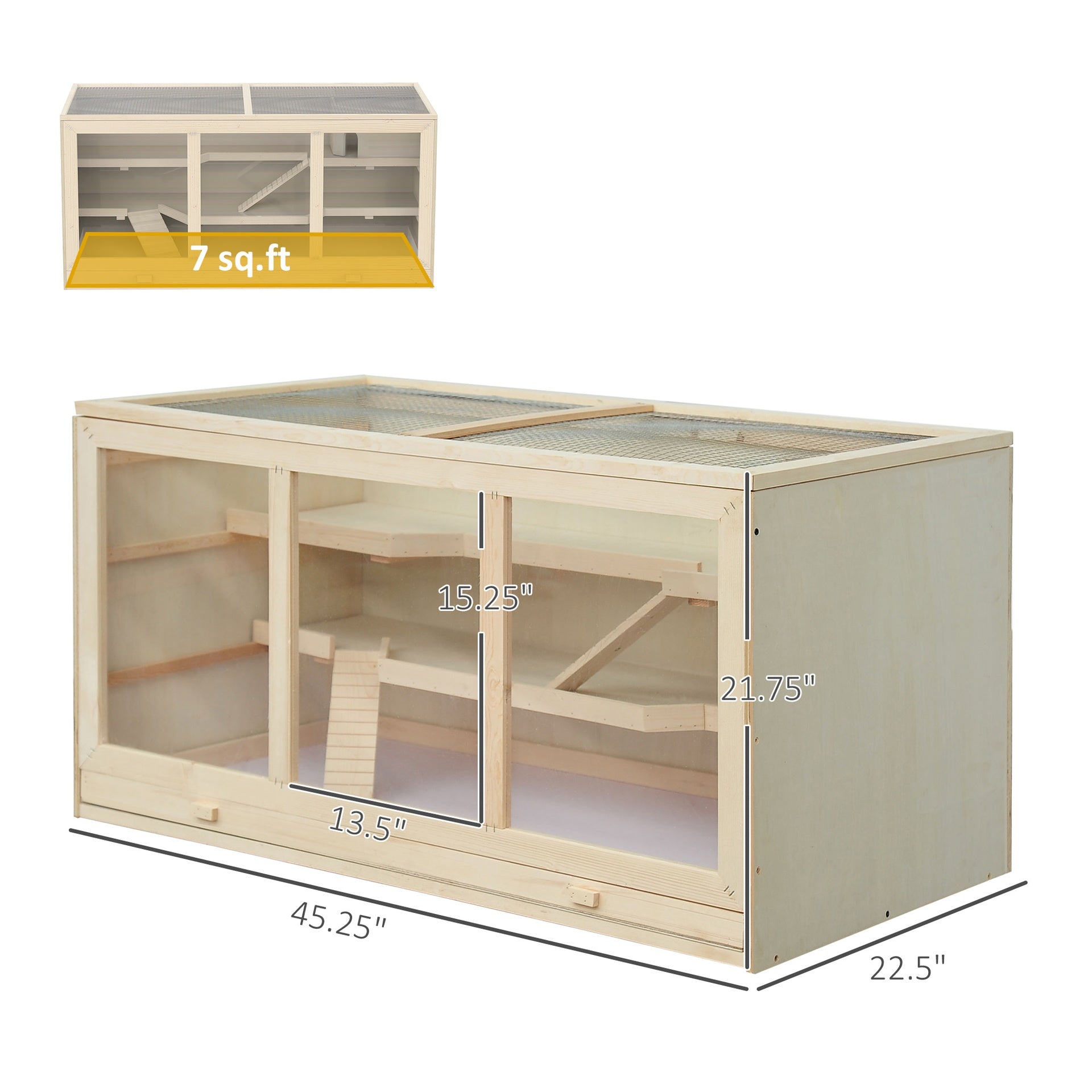 PawHut 45" Extra Large Wooden Hamster Cage, 3-Layer Rat Cage with Opening Roof, PVC Window, Small Animal Habitat for Gerbil, Dwarf & Syrian Hamsters, Natural