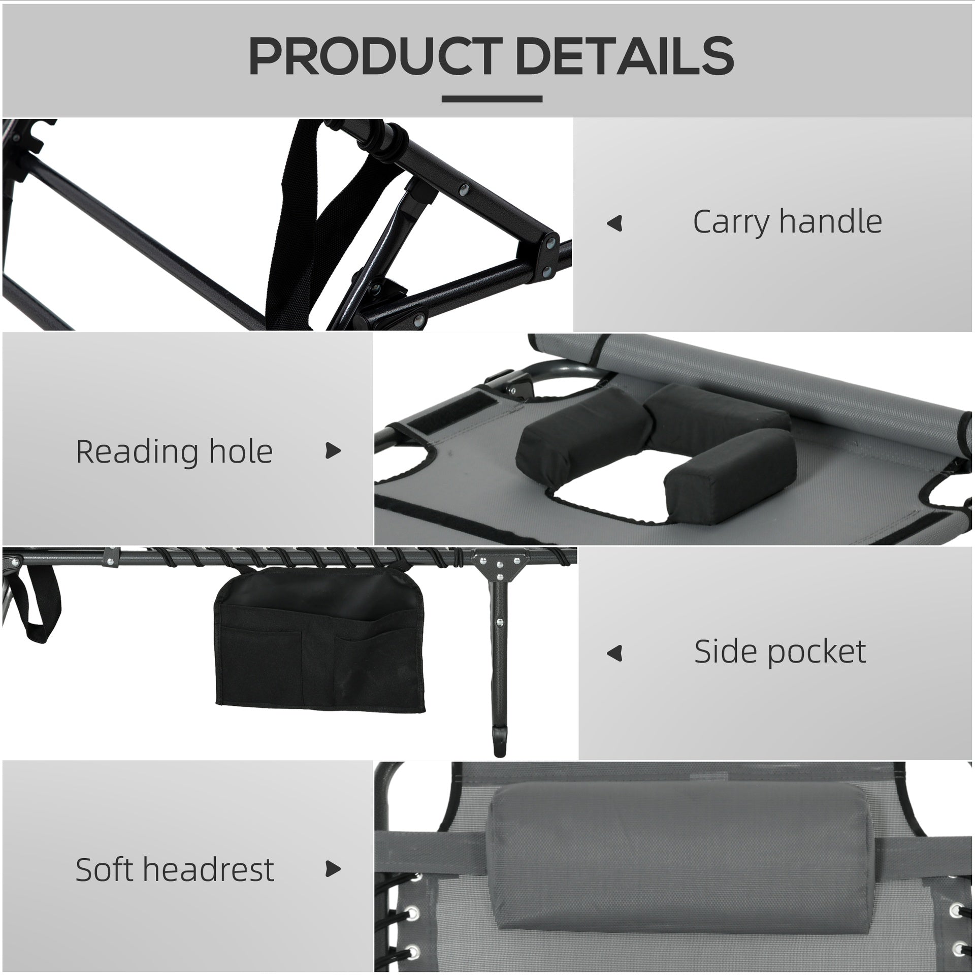 Outsunny Folding Chaise Tanning Lounge Chair w/ 5-level Reclining Back, Reading Hole, Side Pocket, Headrest, Gray