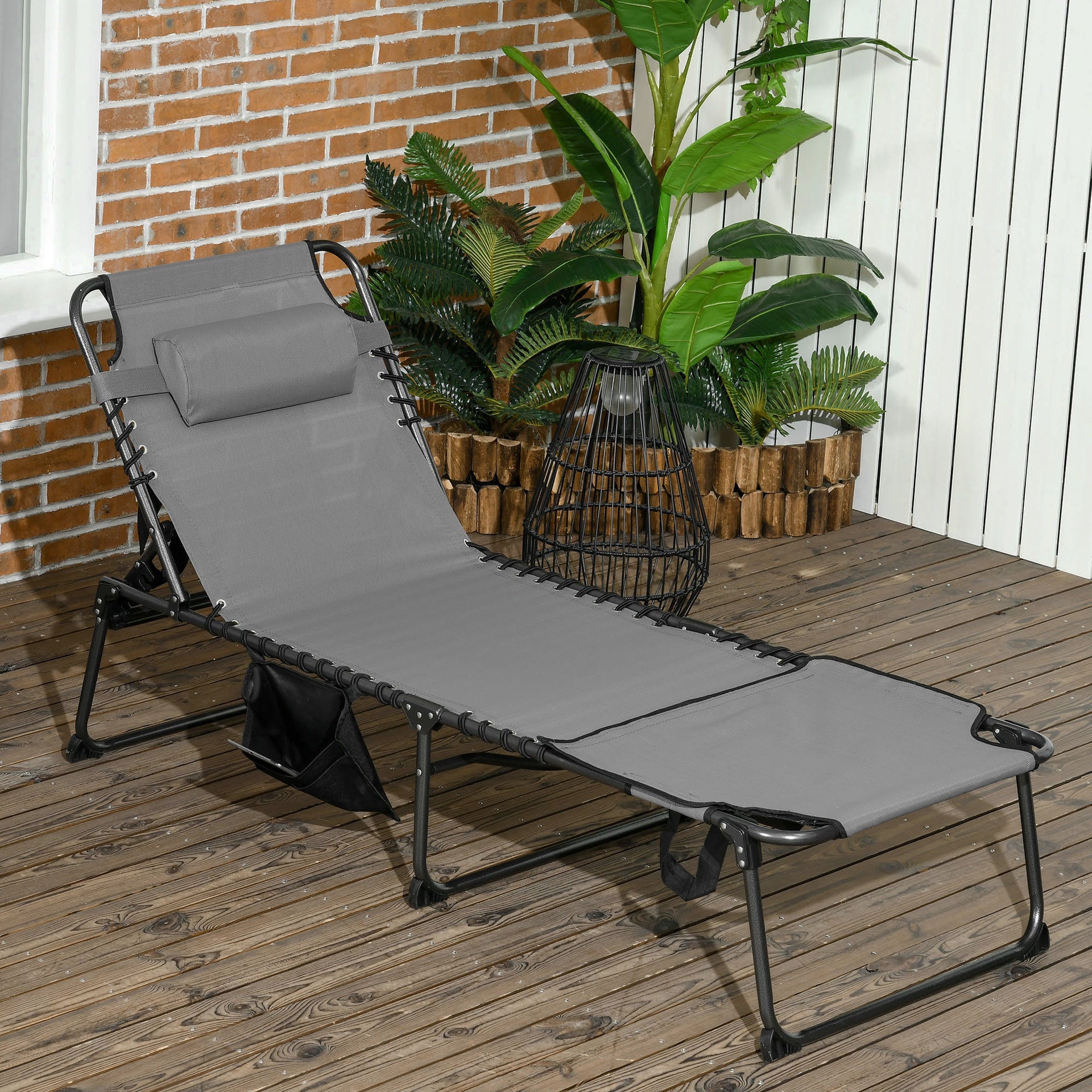 Outsunny Folding Chaise Tanning Lounge Chair w/ 5-level Reclining Back, Reading Hole, Side Pocket, Headrest, Gray