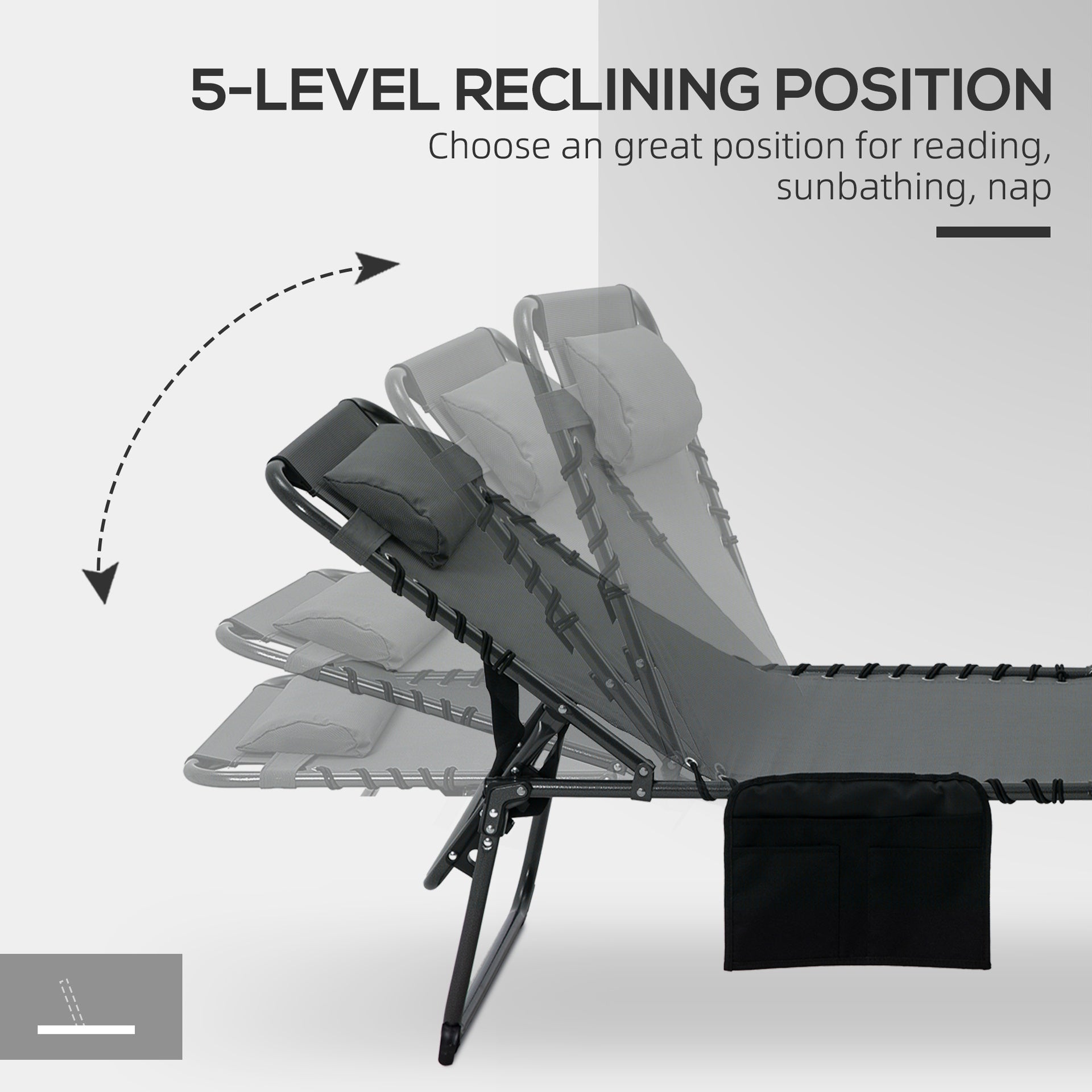 Outsunny Folding Chaise Tanning Lounge Chair w/ 5-level Reclining Back, Reading Hole, Side Pocket, Headrest, Gray