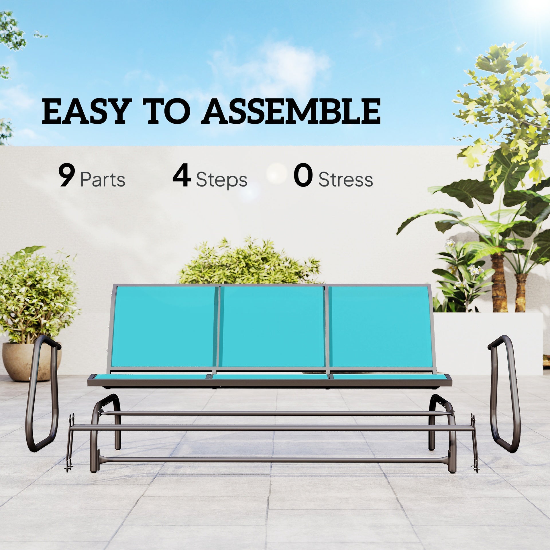 Outsunny 3-Person Outdoor Patio Glider Bench, Porch Glider Swing with 3 Seats, Breathable Mesh Fabric, Metal Frame, Blue