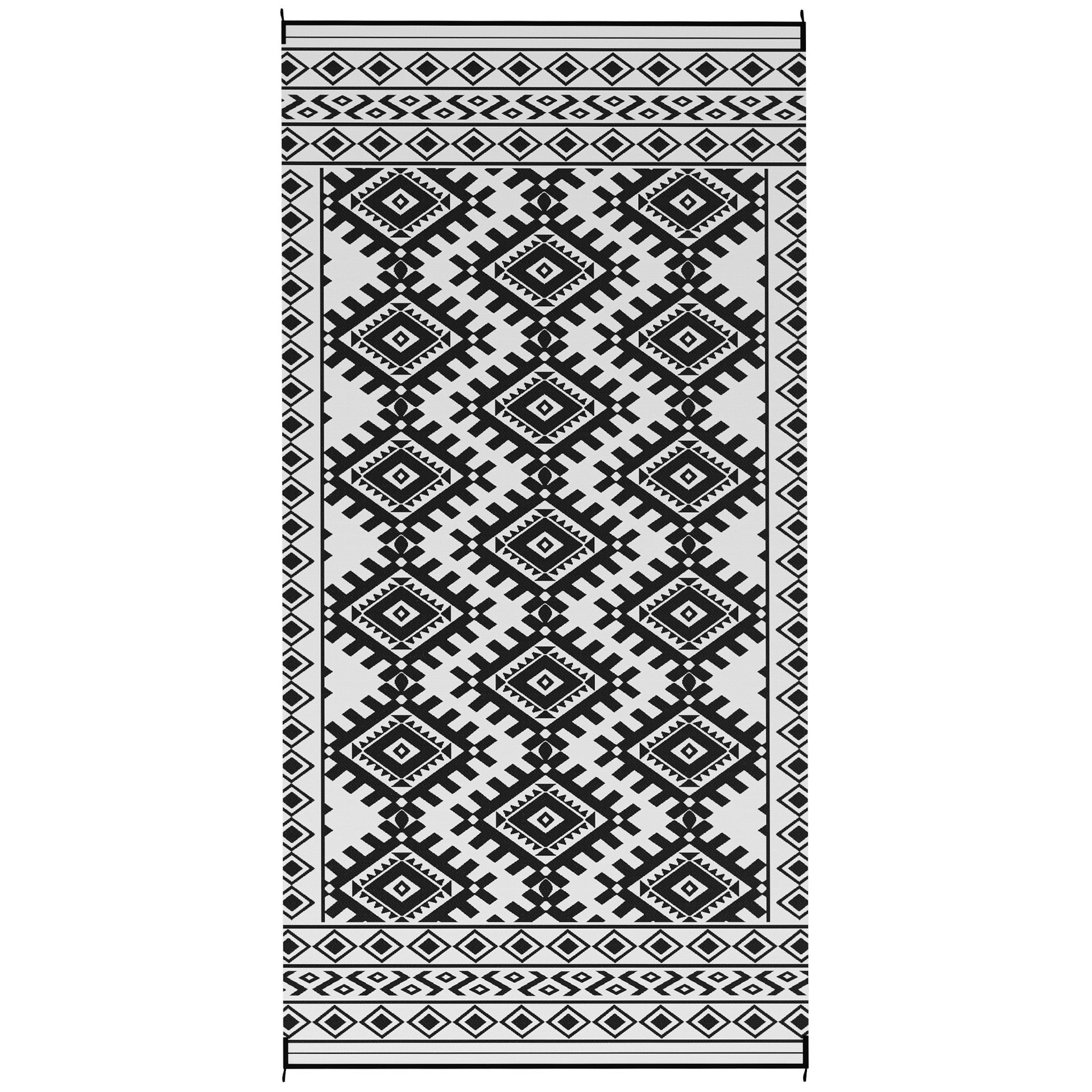 Outsunny Reversible Outdoor Rug, Waterproof Plastic Straw with Carry Bag, 9' x 18', Black & White Rhombus Border