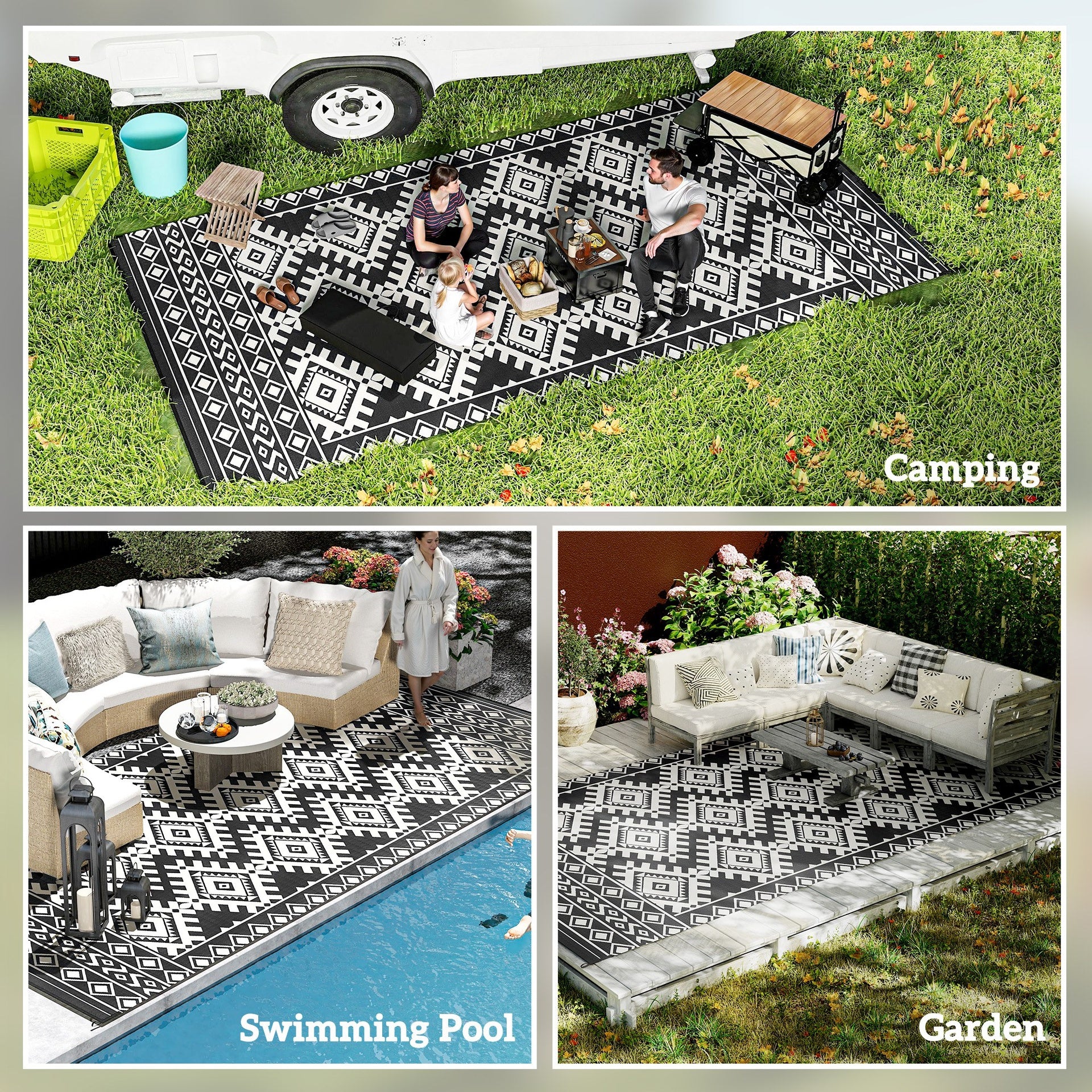 Outsunny Reversible Outdoor Rug, Waterproof Plastic Straw with Carry Bag, 9' x 18', Black & White Rhombus Border