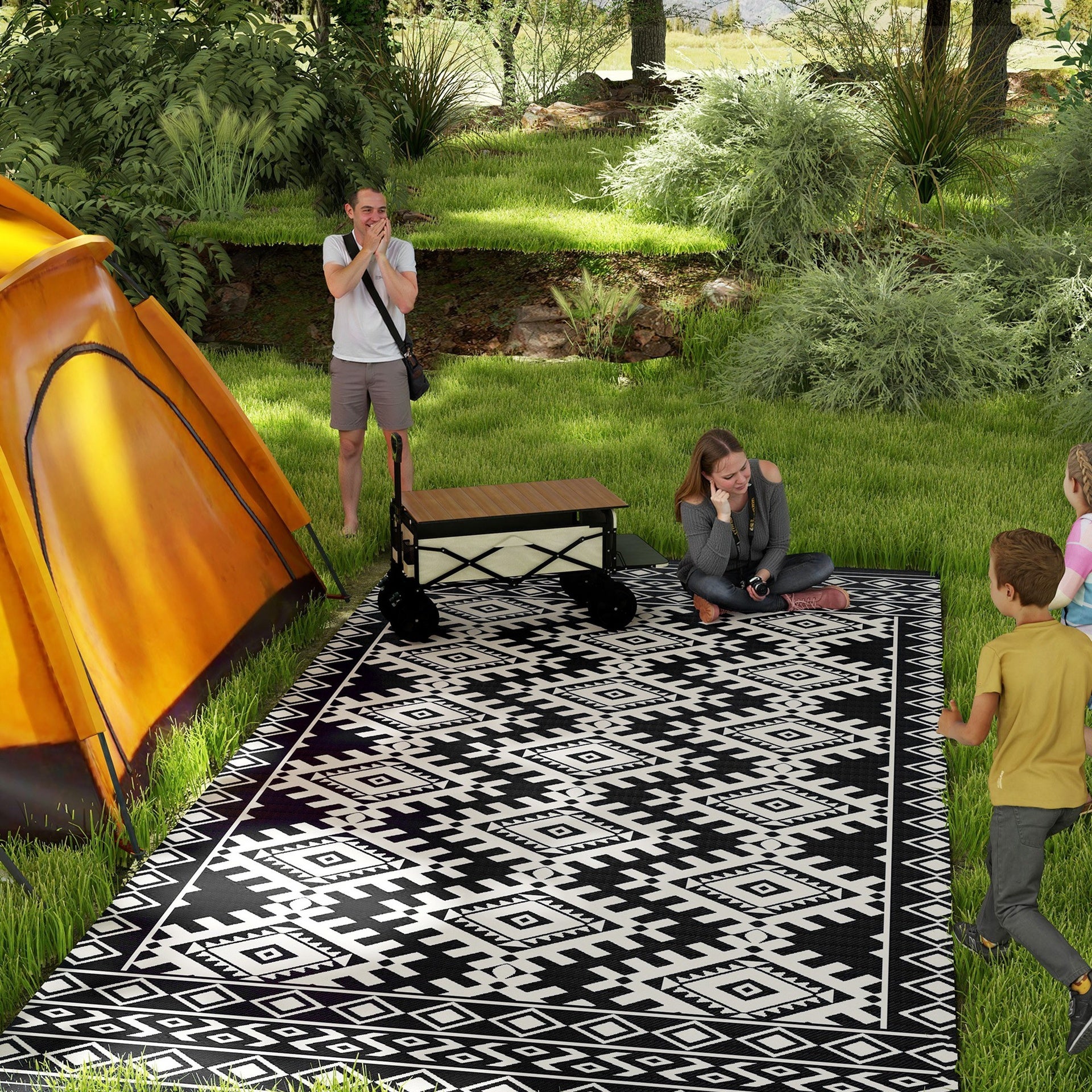 Outsunny Reversible Outdoor Rug, Waterproof Plastic Straw with Carry Bag, 9' x 18', Black & White Rhombus Border