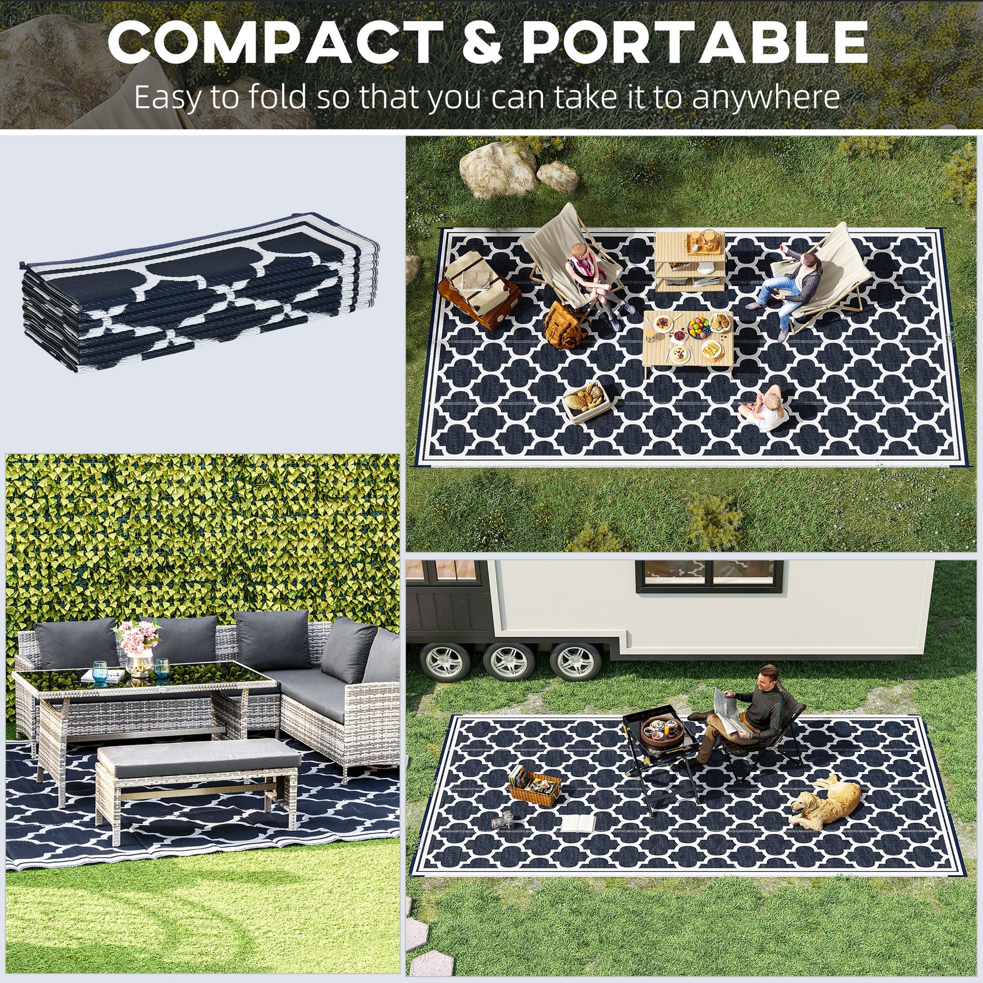 Outsunny Reversible Outdoor Rug, 9' x 18' Waterproof Plastic Straw Floor Mat, Portable RV Camping Carpet, Large Floor Mat for Backyard, Deck, Picnic, Beach, Blue & White