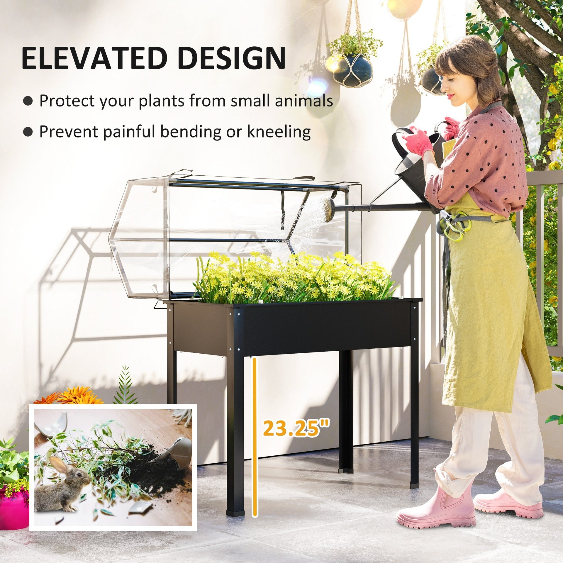 Outsunny Elevated Garden Box with Greenhouse Cover, Raised Garden Bed with Legs and Drainage Hole for Vegetables, Black
