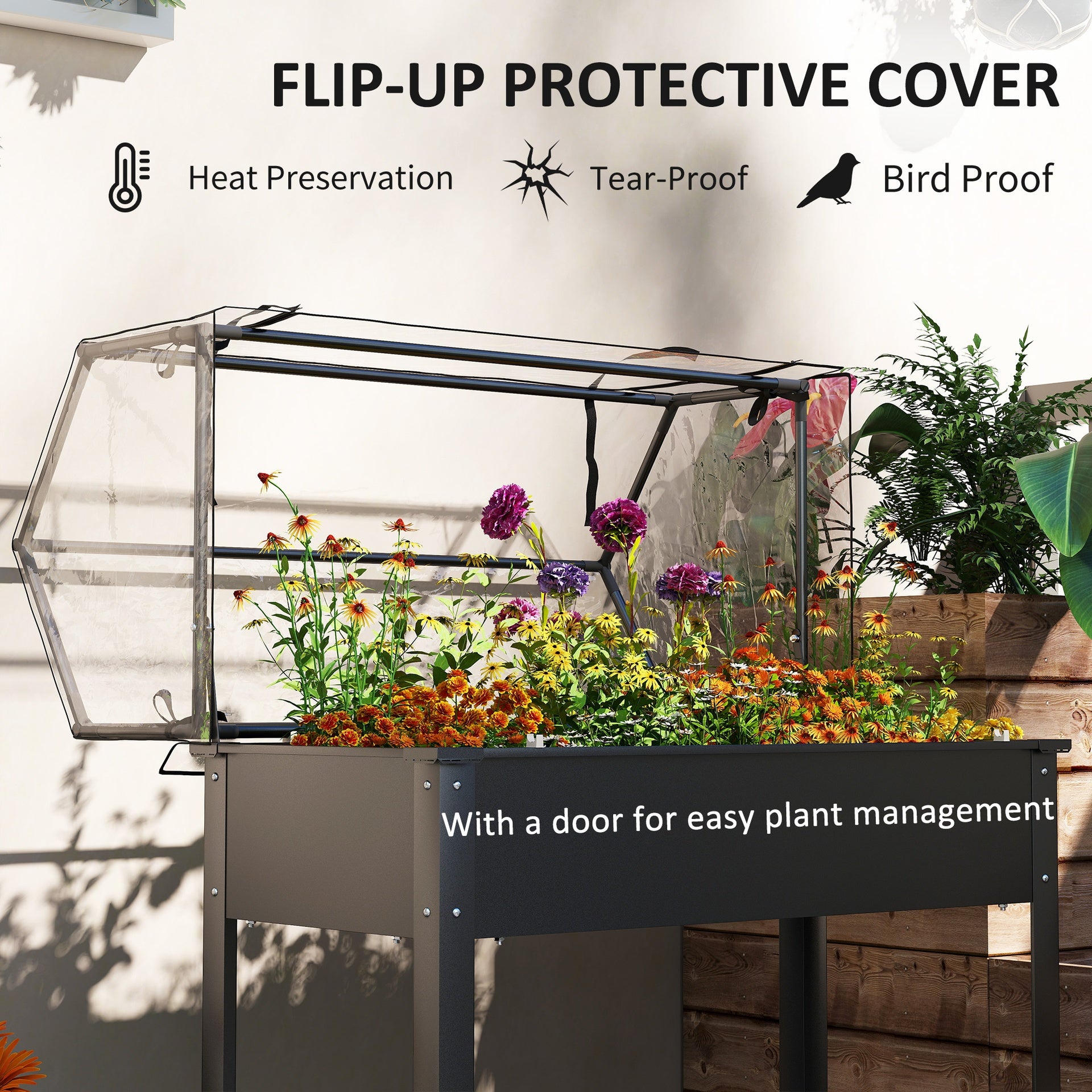 Outsunny Elevated Garden Box with Greenhouse Cover, Raised Garden Bed with Legs and Drainage Hole for Vegetables, Black