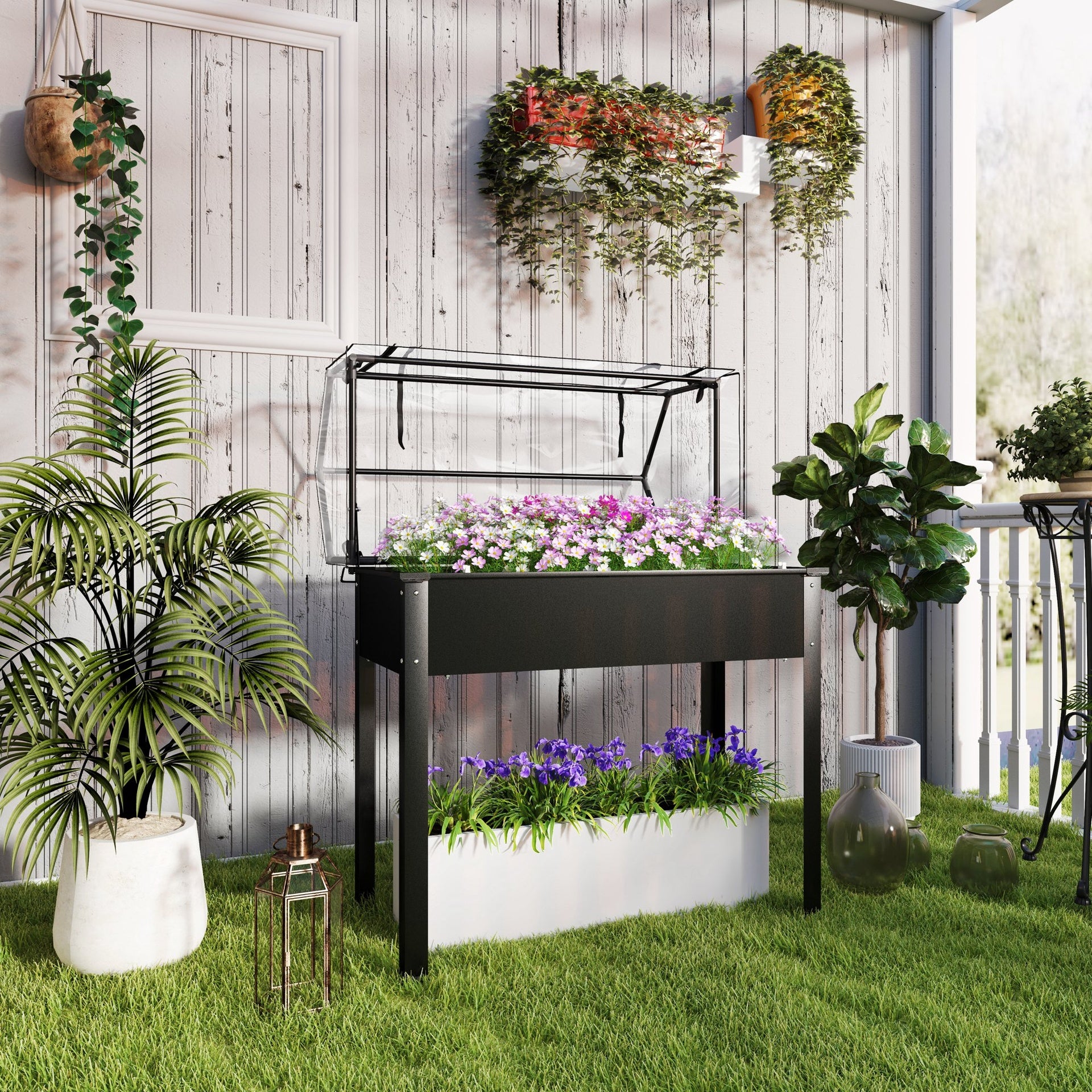 Outsunny Elevated Garden Box with Greenhouse Cover, Raised Garden Bed with Legs and Drainage Hole for Vegetables, Black