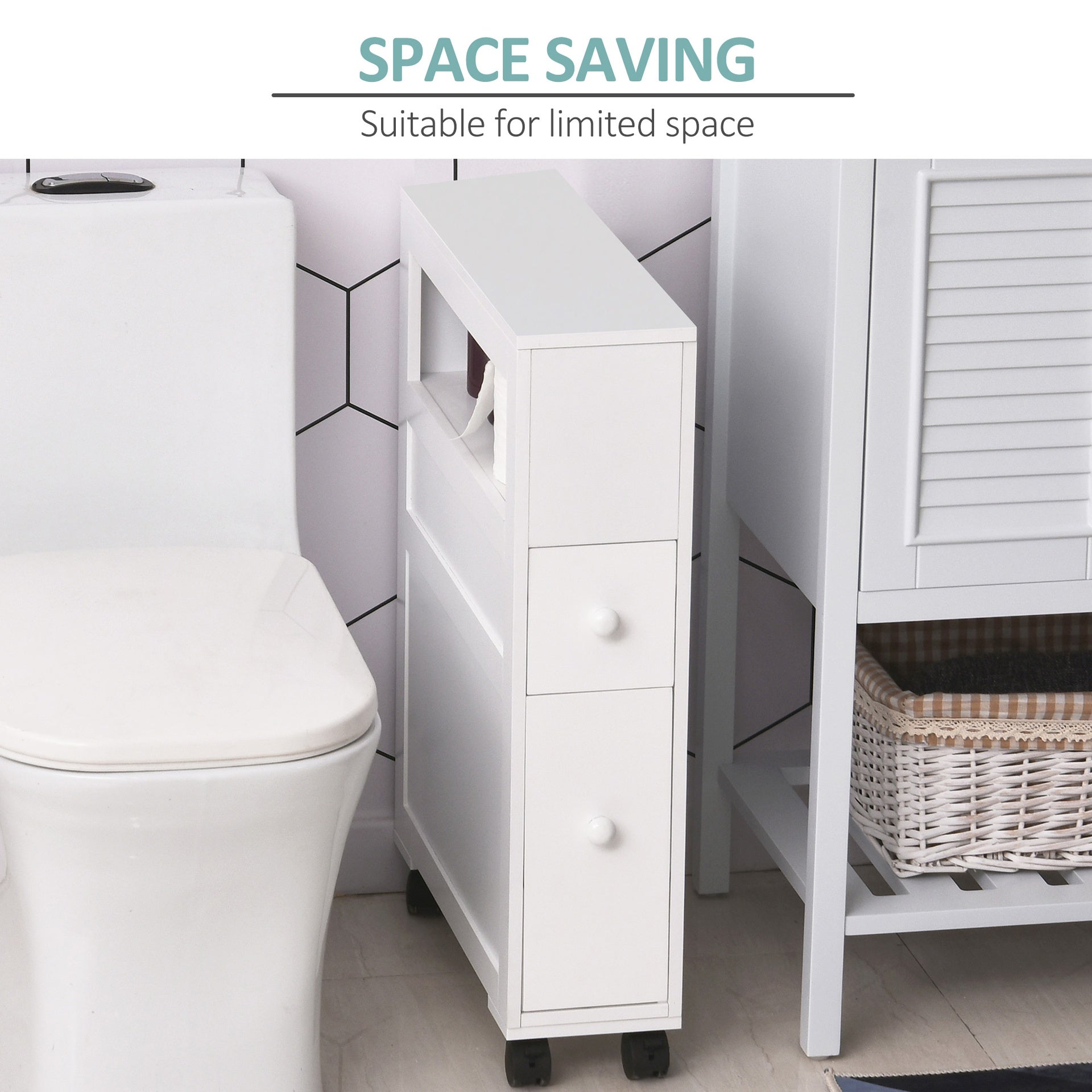 HOMCOM 6.25" x 20.5" x 28.25" Wood Rolling Narrow Bathroom Side Storage Cabinet - White
