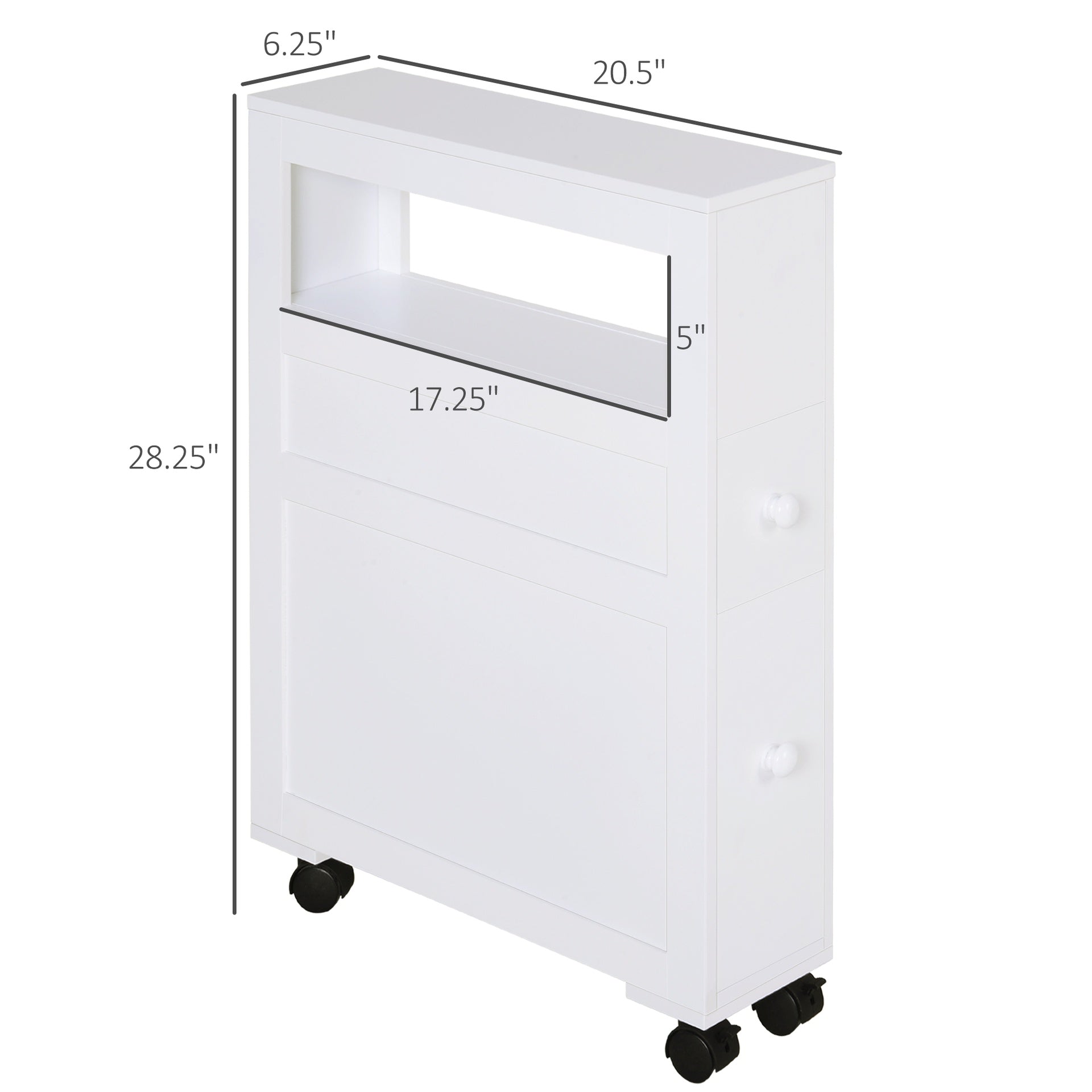 HOMCOM 6.25" x 20.5" x 28.25" Wood Rolling Narrow Bathroom Side Storage Cabinet - White