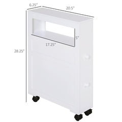 HOMCOM 6.25" x 20.5" x 28.25" Wood Rolling Narrow Bathroom Side Storage Cabinet - White