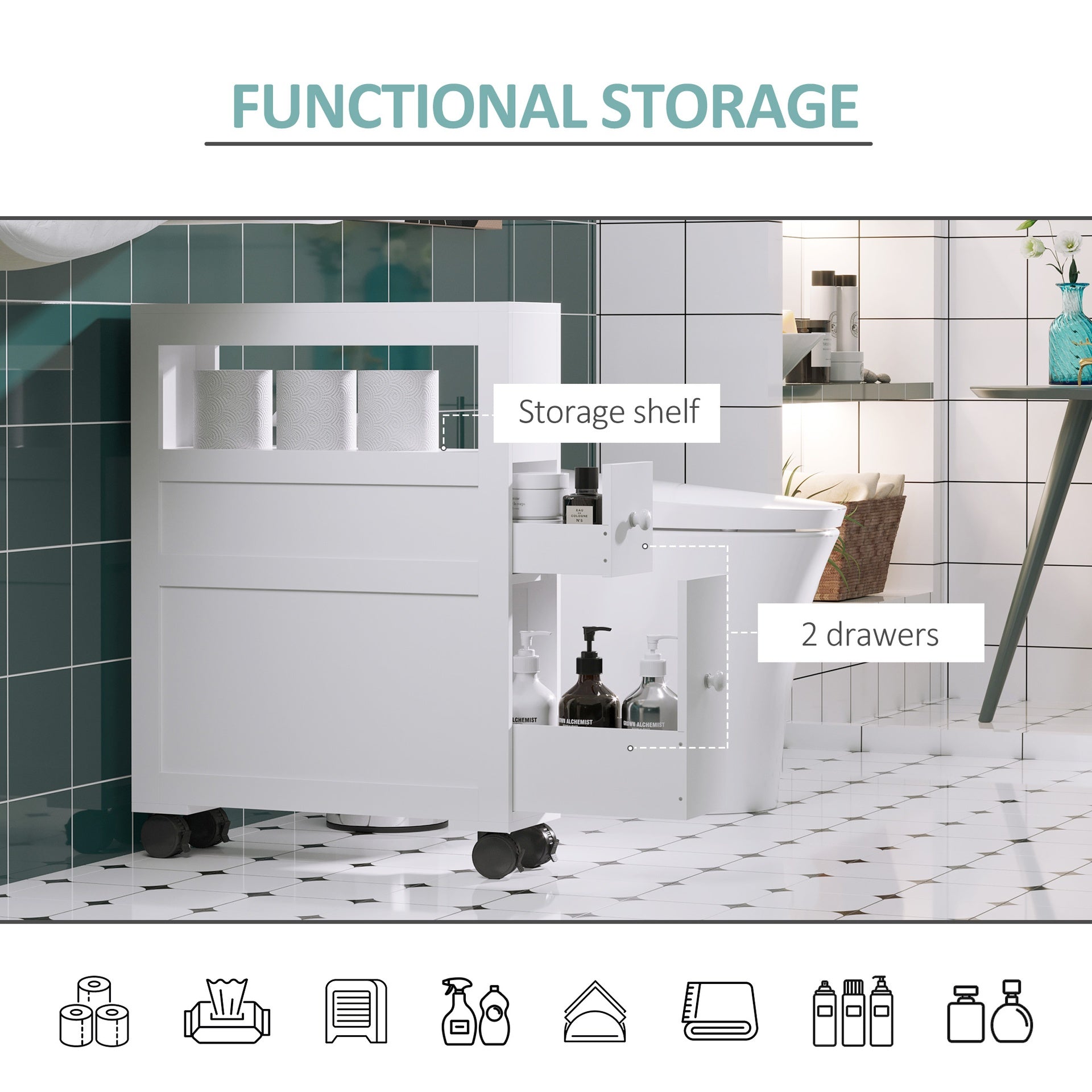 HOMCOM 6.25" x 20.5" x 28.25" Wood Rolling Narrow Bathroom Side Storage Cabinet - White