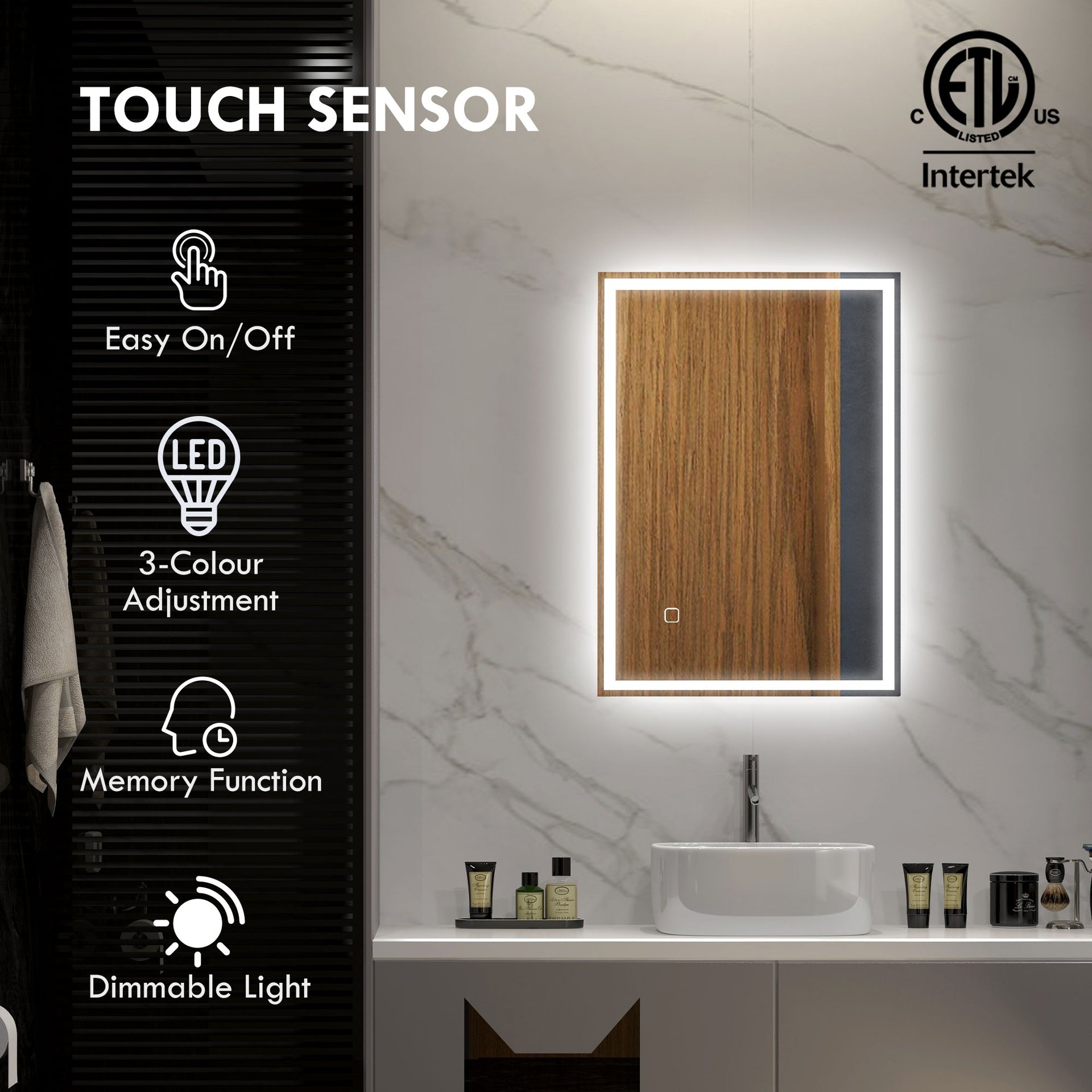 HOMCOM 32" x 24" Bathroom Mirror with LED Lights, Dimmable Makeup Mirror, Vanity Mirror with 3 Colors, Smart Touch