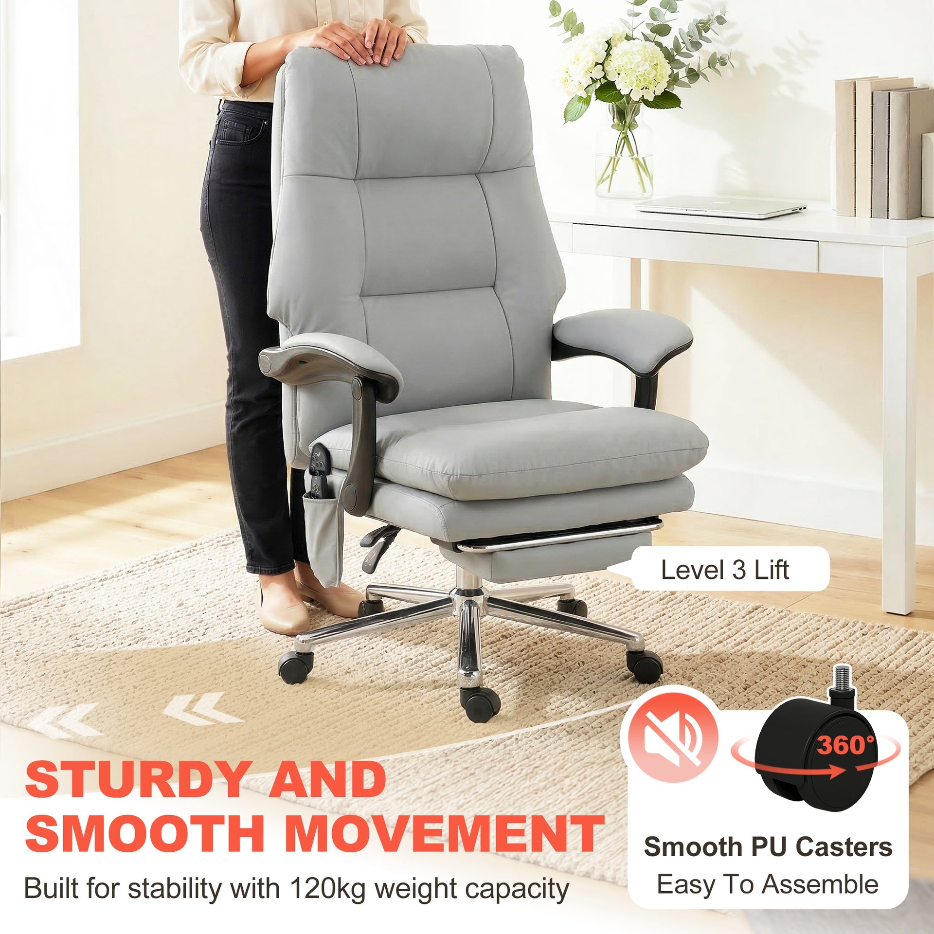 HOMCOM Massage Office Chair with 6-Point Vibration, Pet-Friendly Faux Leather Ergonomic Executive Desk Chair, Light Gray