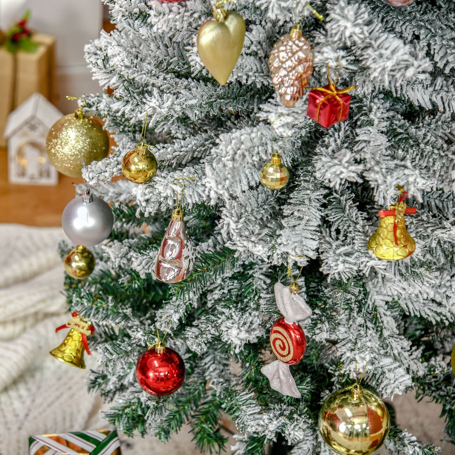 HOMOM 7.5ft Flocked Christmas Tree, Pencil Artificial Xmas Tree with Faux Snow, Dense Branches, Foldable Metal Base for Indoor Holiday Decor