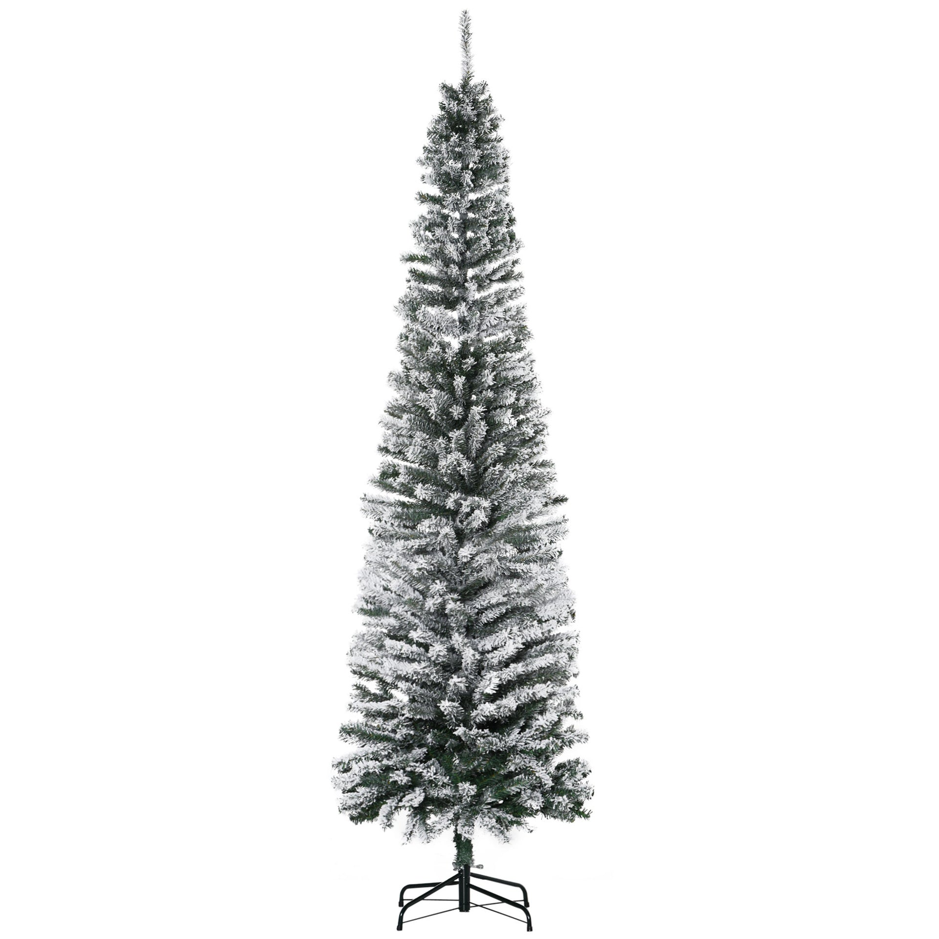 HOMOM 7.5ft Flocked Christmas Tree, Pencil Artificial Xmas Tree with Faux Snow, Dense Branches, Foldable Metal Base for Indoor Holiday Decor