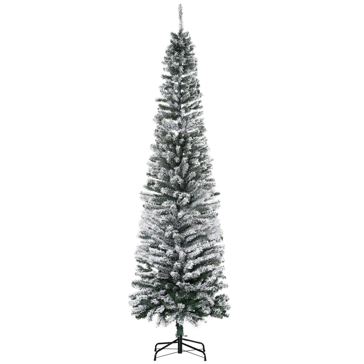 HOMOM 7.5ft Flocked Christmas Tree, Pencil Artificial Xmas Tree with Faux Snow, Dense Branches, Foldable Metal Base for Indoor Holiday Decor