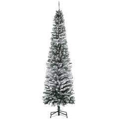 HOMOM 7.5ft Flocked Christmas Tree, Pencil Artificial Xmas Tree with Faux Snow, Dense Branches, Foldable Metal Base for Indoor Holiday Decor