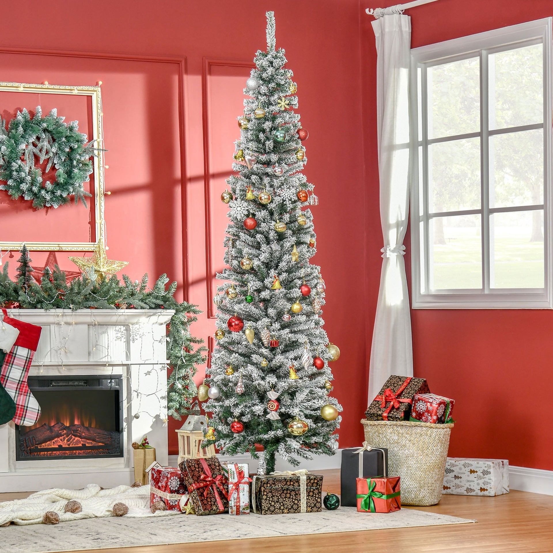 HOMOM 7.5ft Flocked Christmas Tree, Pencil Artificial Xmas Tree with Faux Snow, Dense Branches, Foldable Metal Base for Indoor Holiday Decor