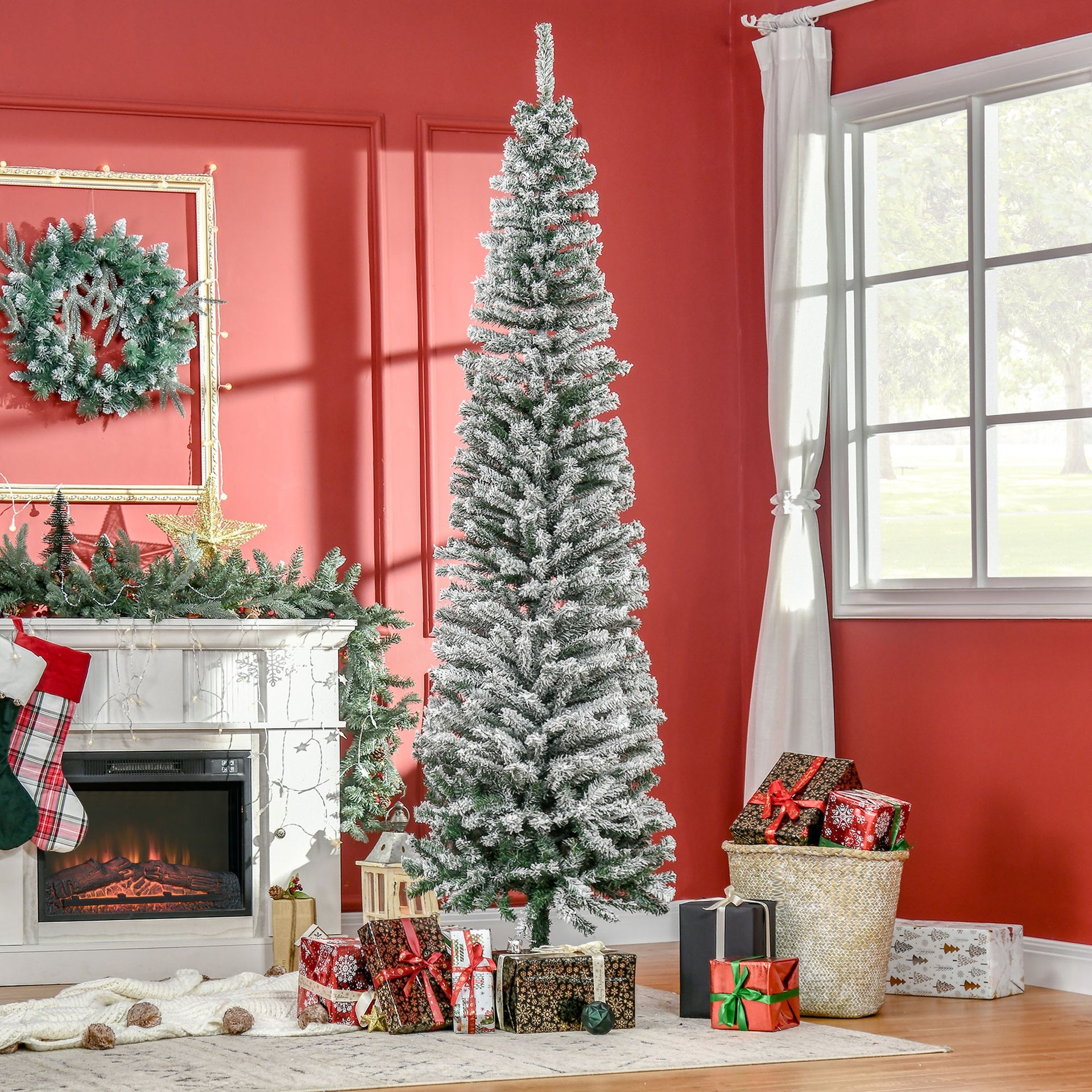HOMOM 7.5ft Flocked Christmas Tree, Pencil Artificial Xmas Tree with Faux Snow, Dense Branches, Foldable Metal Base for Indoor Holiday Decor
