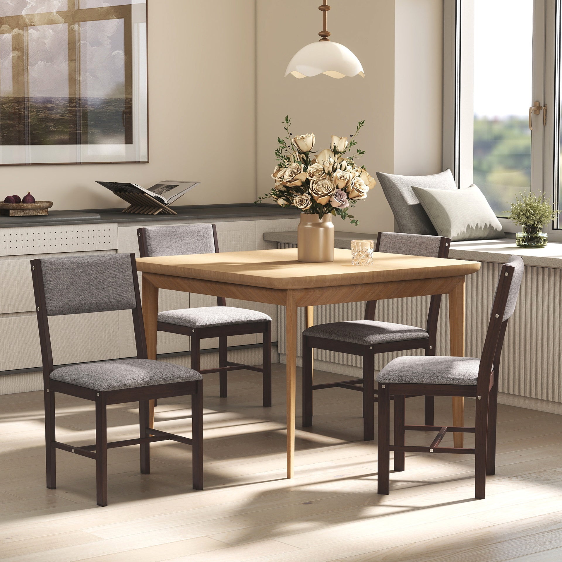 HOMCOM Modern Dining Chairs Set of 4, Linen Fabric Kitchen Chairs with Rubberwood Legs for Dining Room, Living Room, Gray