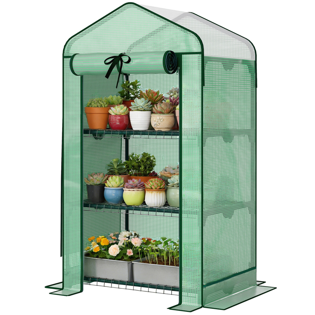Outsunny Mini Greenhouse with Screen Roof, Portable Small Greenhouse with Roll-Up Zipper Door, 27.6" x 19.7" x 50", Green