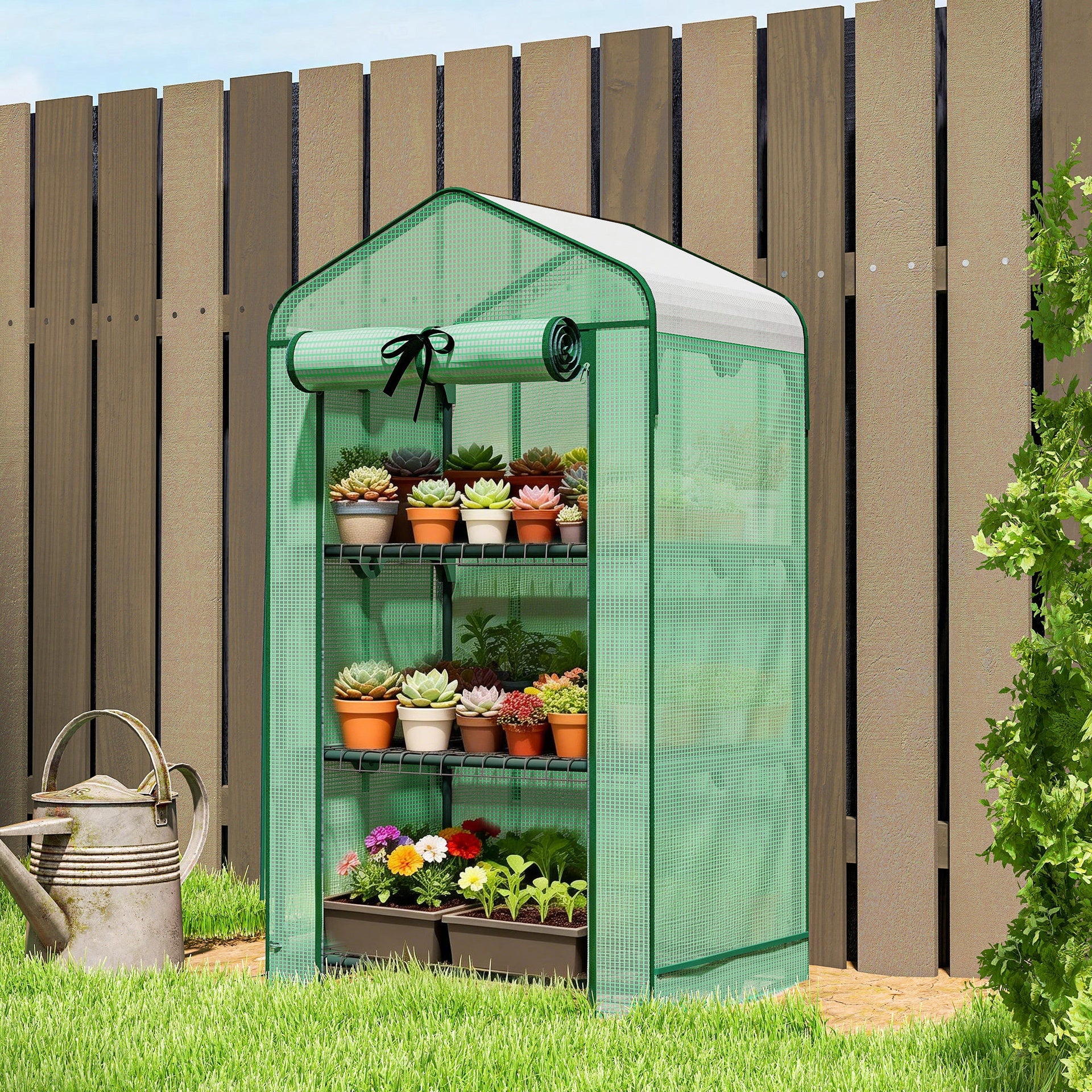 Outsunny Mini Greenhouse with Screen Roof, Portable Small Greenhouse with Roll-Up Zipper Door, 27.6" x 19.7" x 50", Green