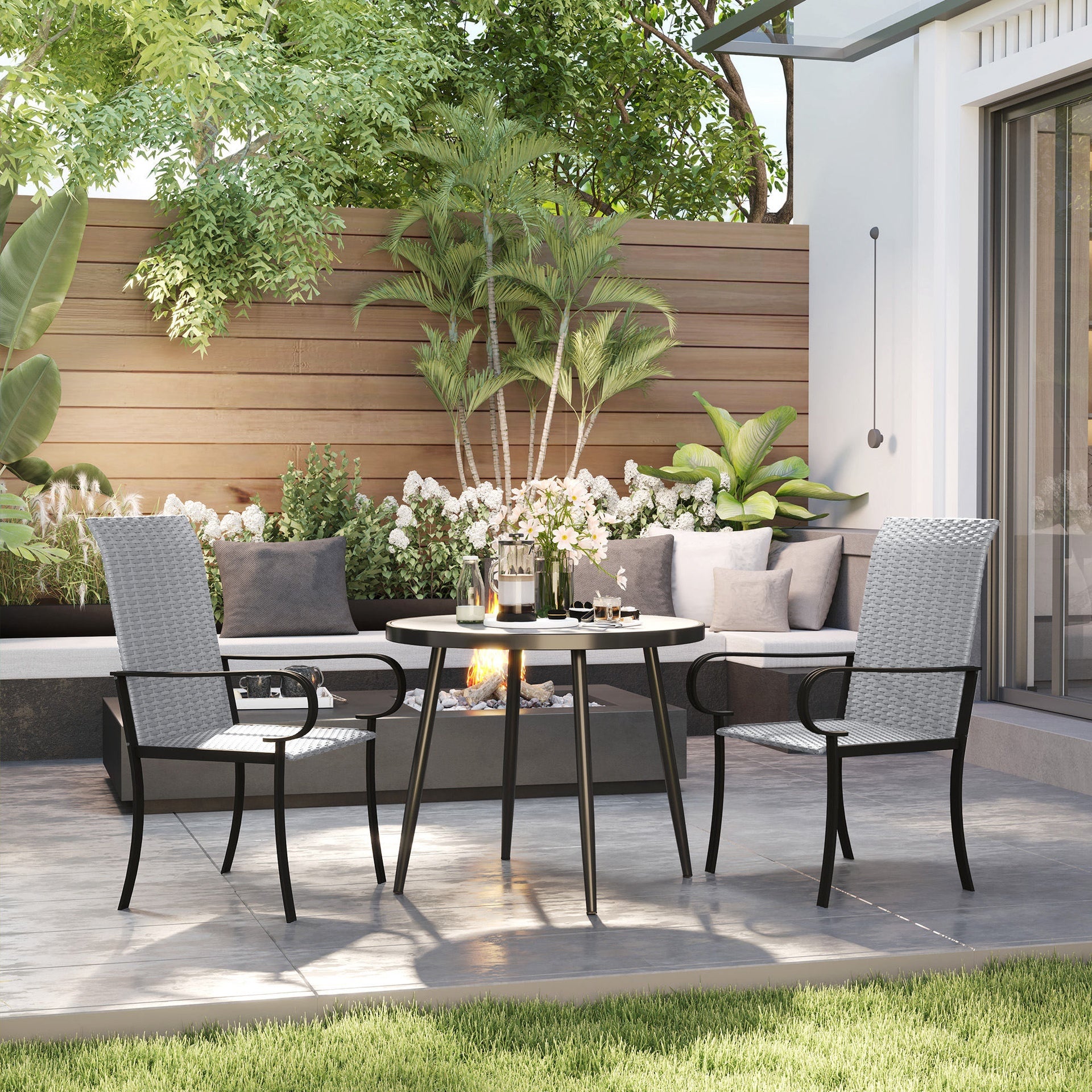 Outsunny Set of 2 Outdoor Wicker Dining Chairs with Armrest, Steel Frame, High Back and Deep Seating, Gray