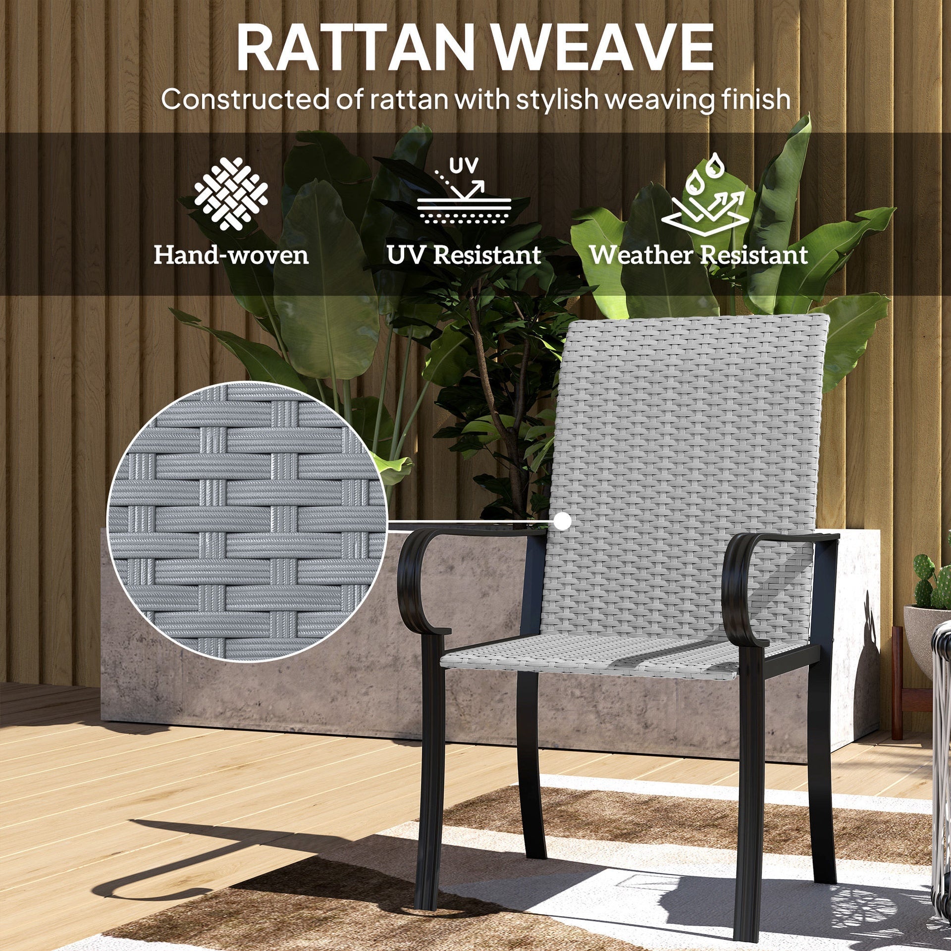 Outsunny Set of 2 Outdoor Wicker Dining Chairs with Armrest, Steel Frame, High Back and Deep Seating, Gray