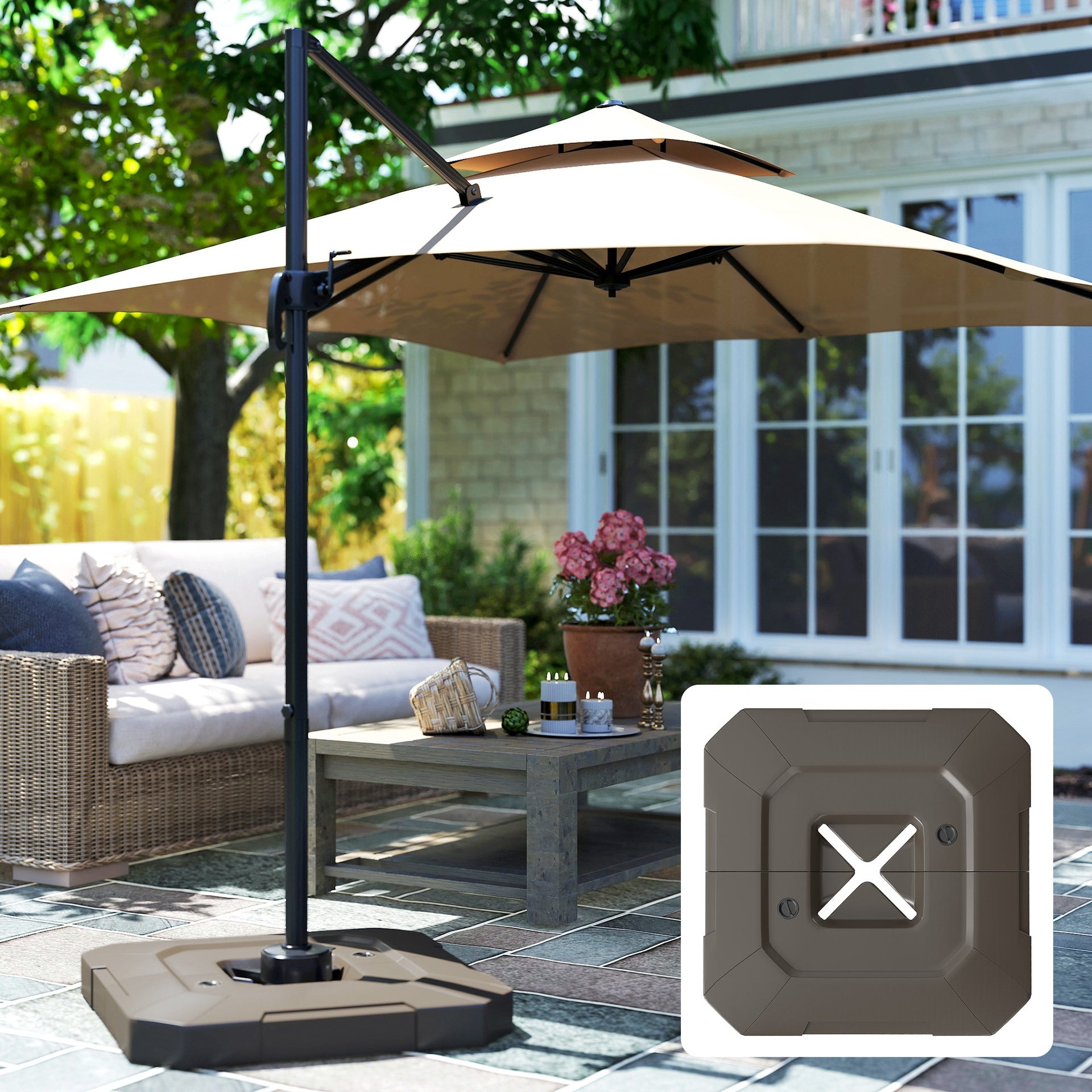 Outsunny 2-Piece Cantilever Umbrella Base Weight Set, 231 lb Water or Sand Fillable Outdoor Offset Umbrella Weights, Brown