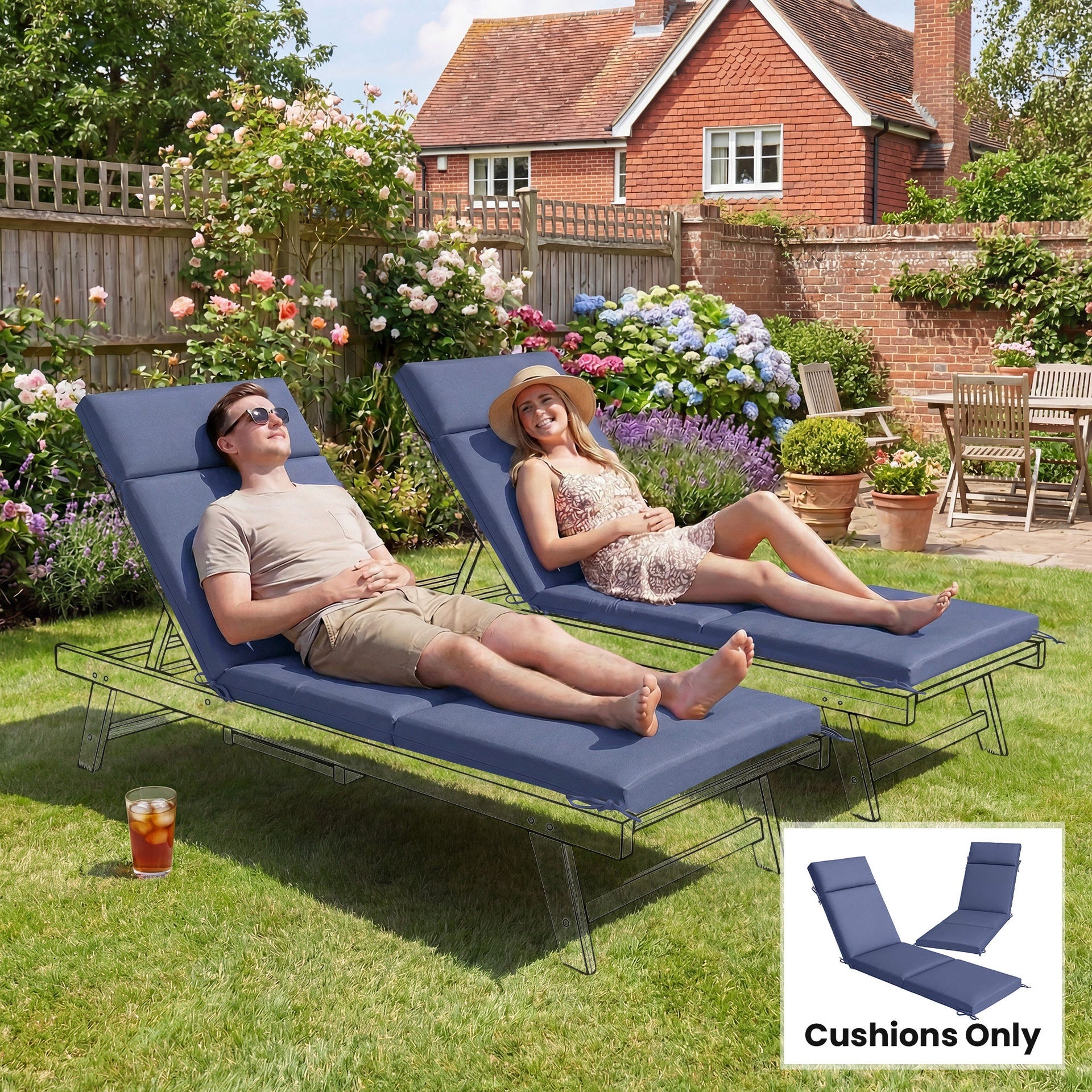 Outsunny Outdoor Chaise Lounge Cushions Set of 2 with 6 Ties, High-Density Foam, for Patio and Poolside, Navy Blue