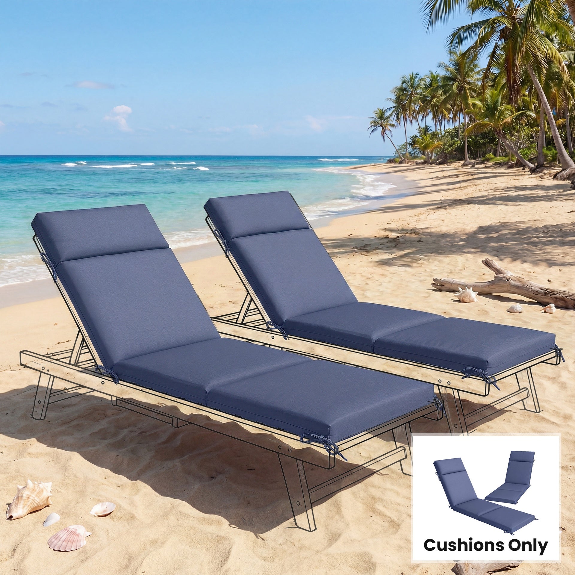 Outsunny Outdoor Chaise Lounge Cushions Set of 2 with 6 Ties, High-Density Foam, for Patio and Poolside, Navy Blue